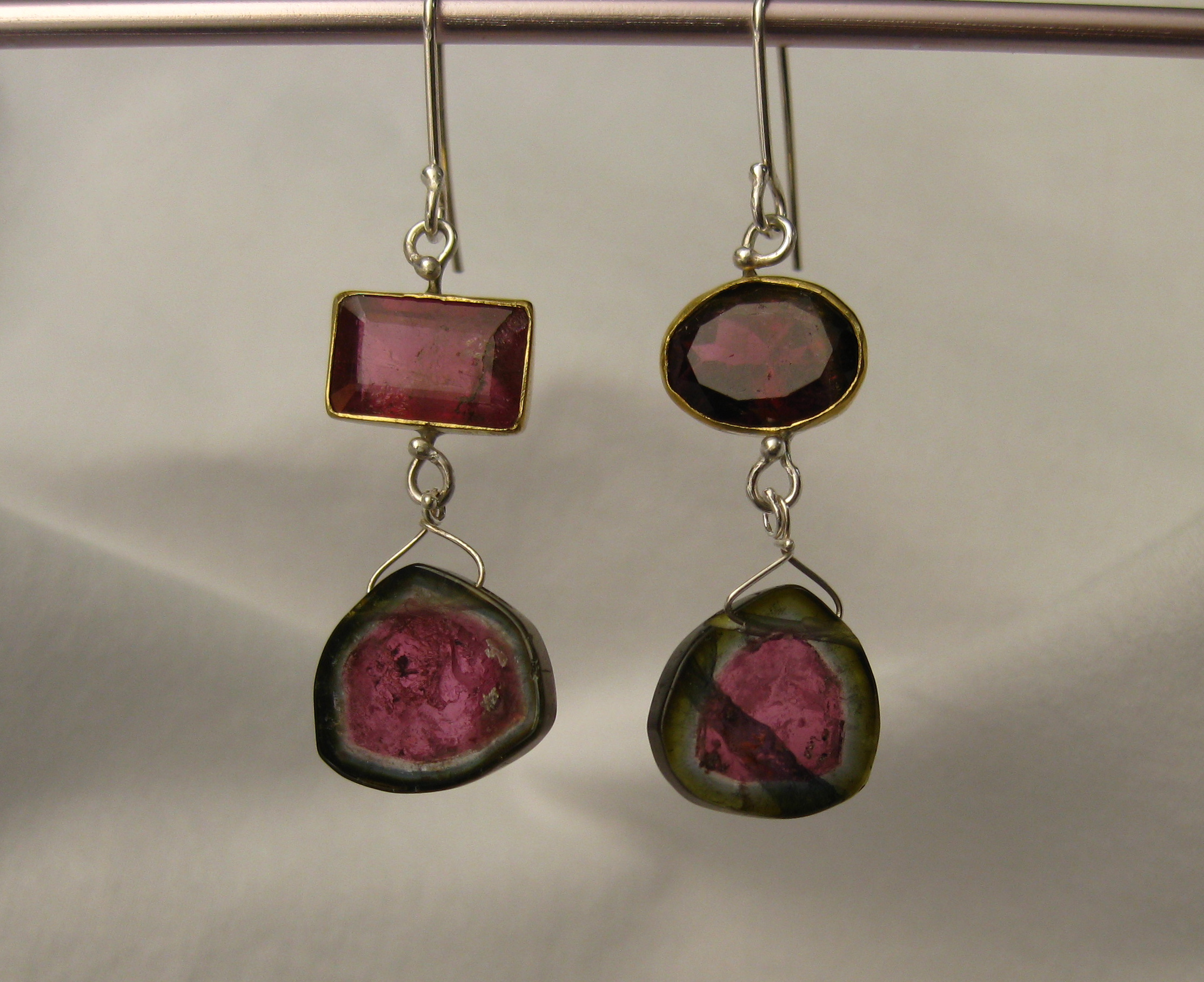 Pick #1:Deep pink and green watermelon tourmaline earrings. Set in 22K gold with sterling silver.