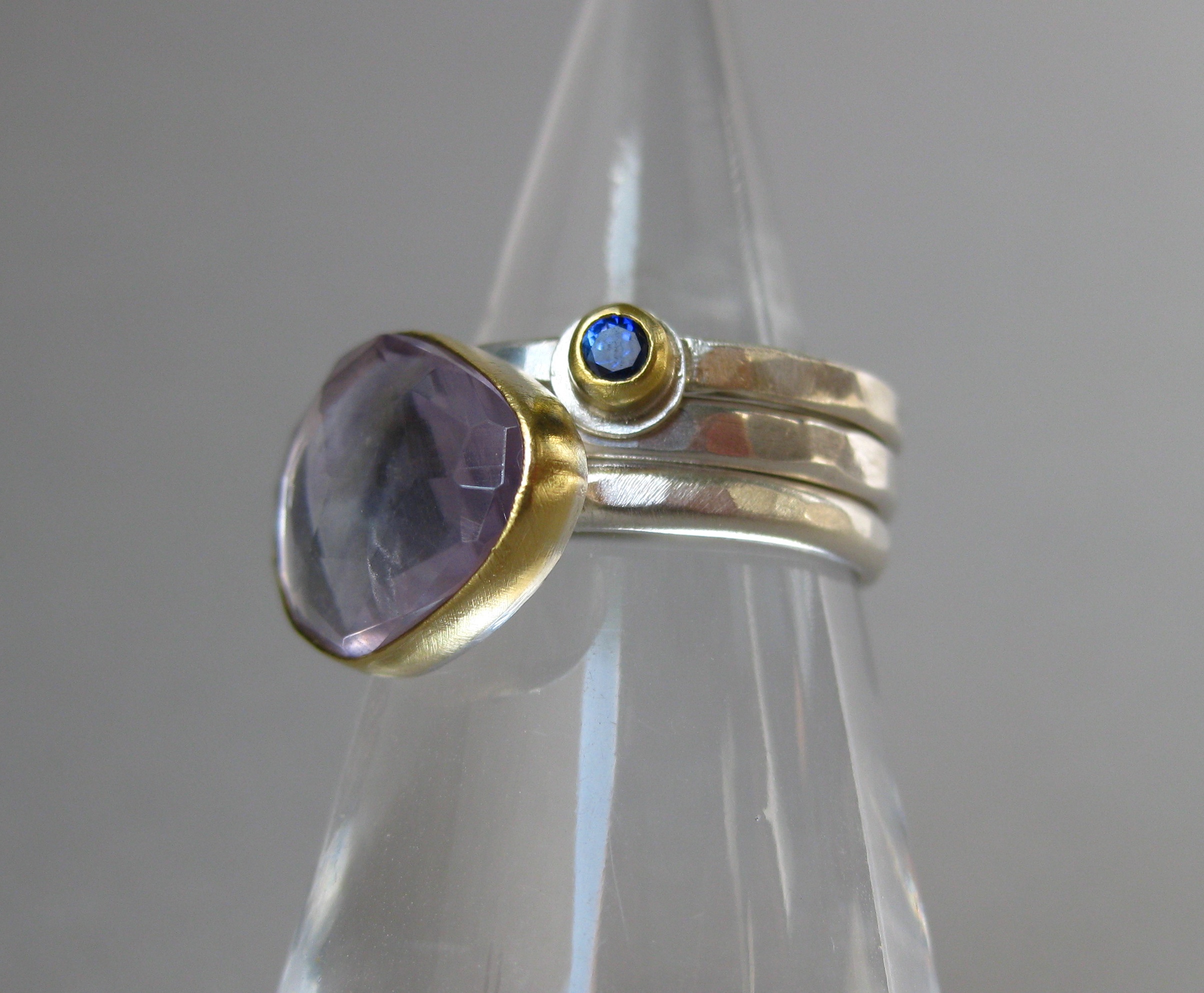 Blue Sapphire Stacking Ring with Rose Cut Lavender Amethyst Ring