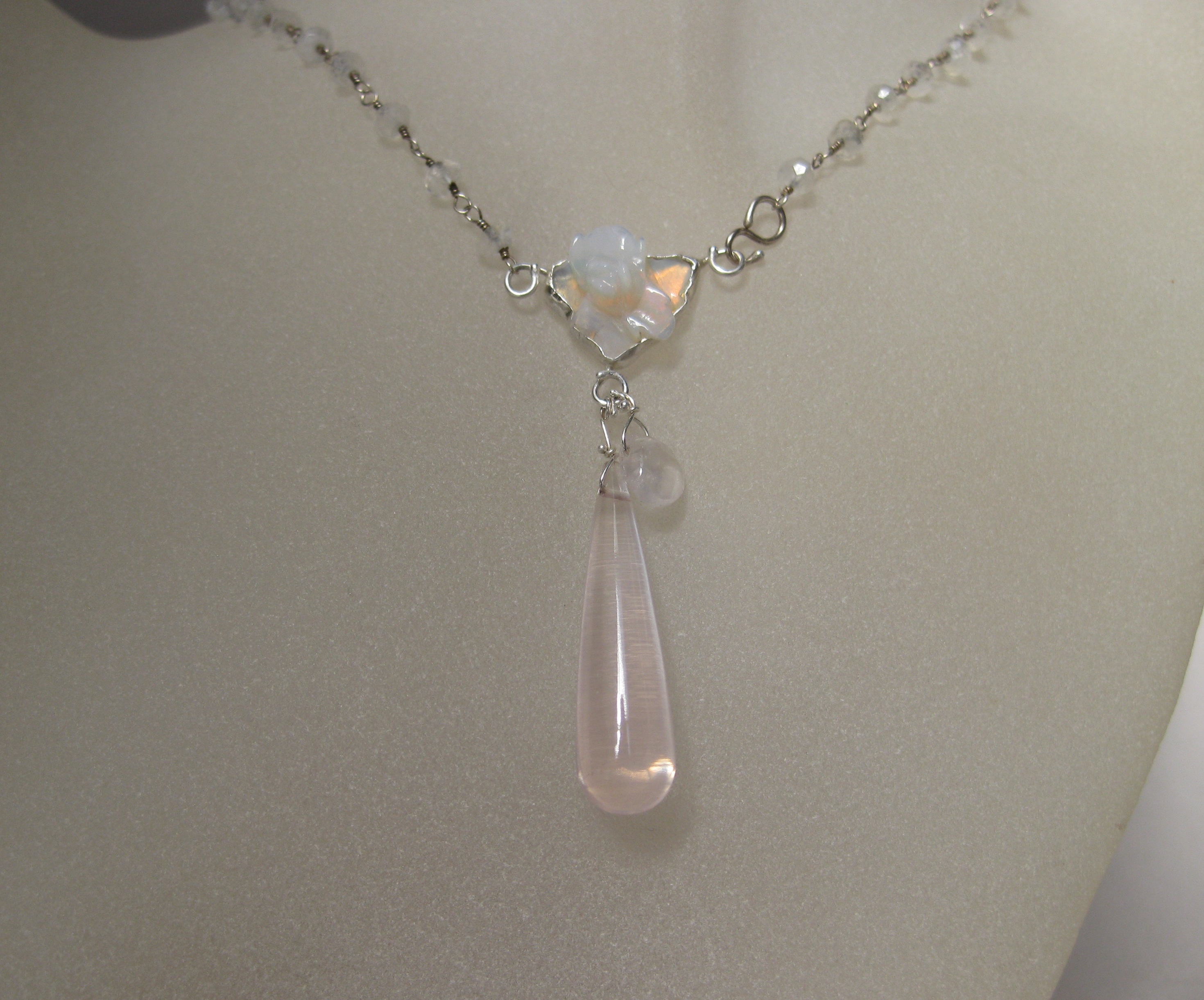 Australian Opal "Flower" Pendant with Rose Quartz & Moonstones