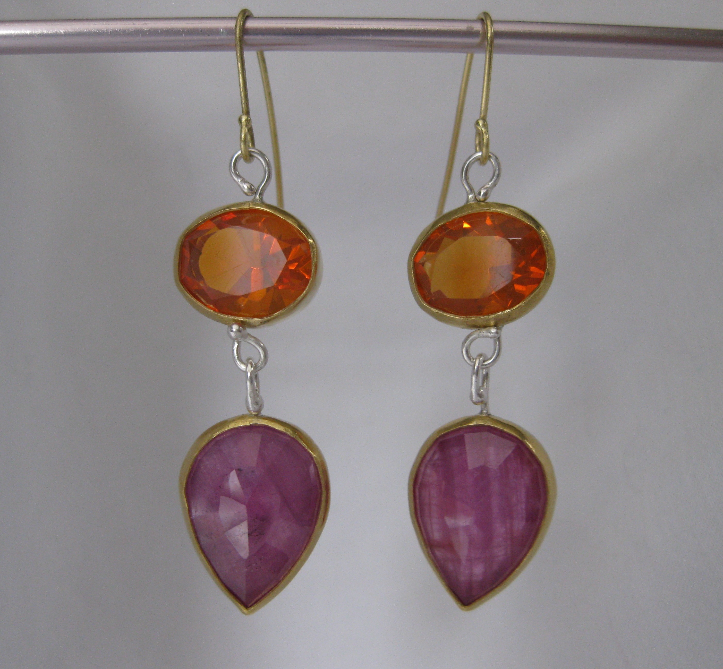 Mexican Fire Opal & Rose Cut Pink Sapphire Earrings