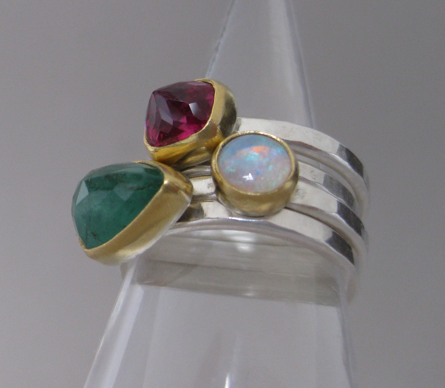 Stacking Rings: Ruby, Emerald (set upside down) with Opal