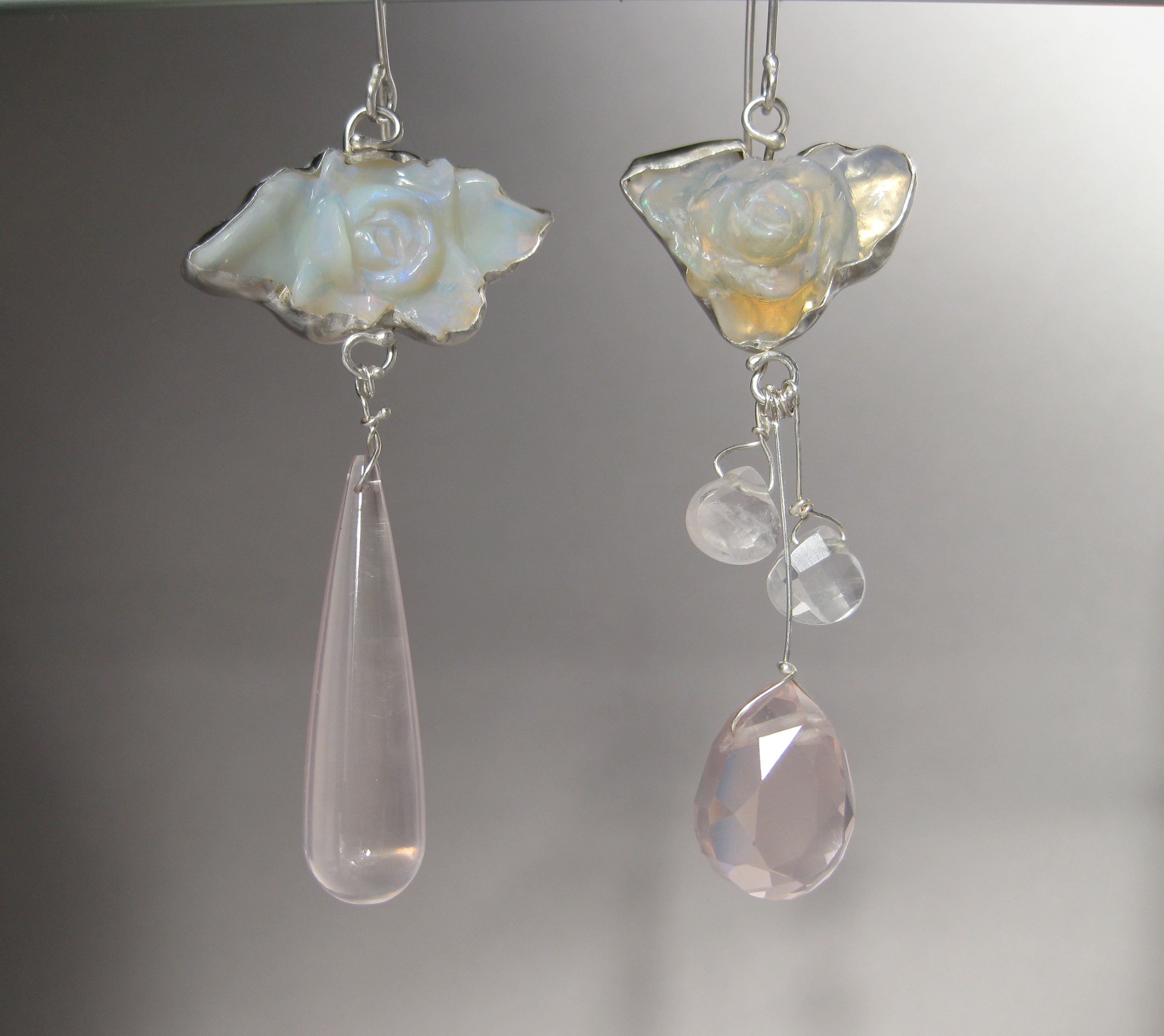 "Miss" Matched Australian Opal "Flower" Earrings with Rose Quartz