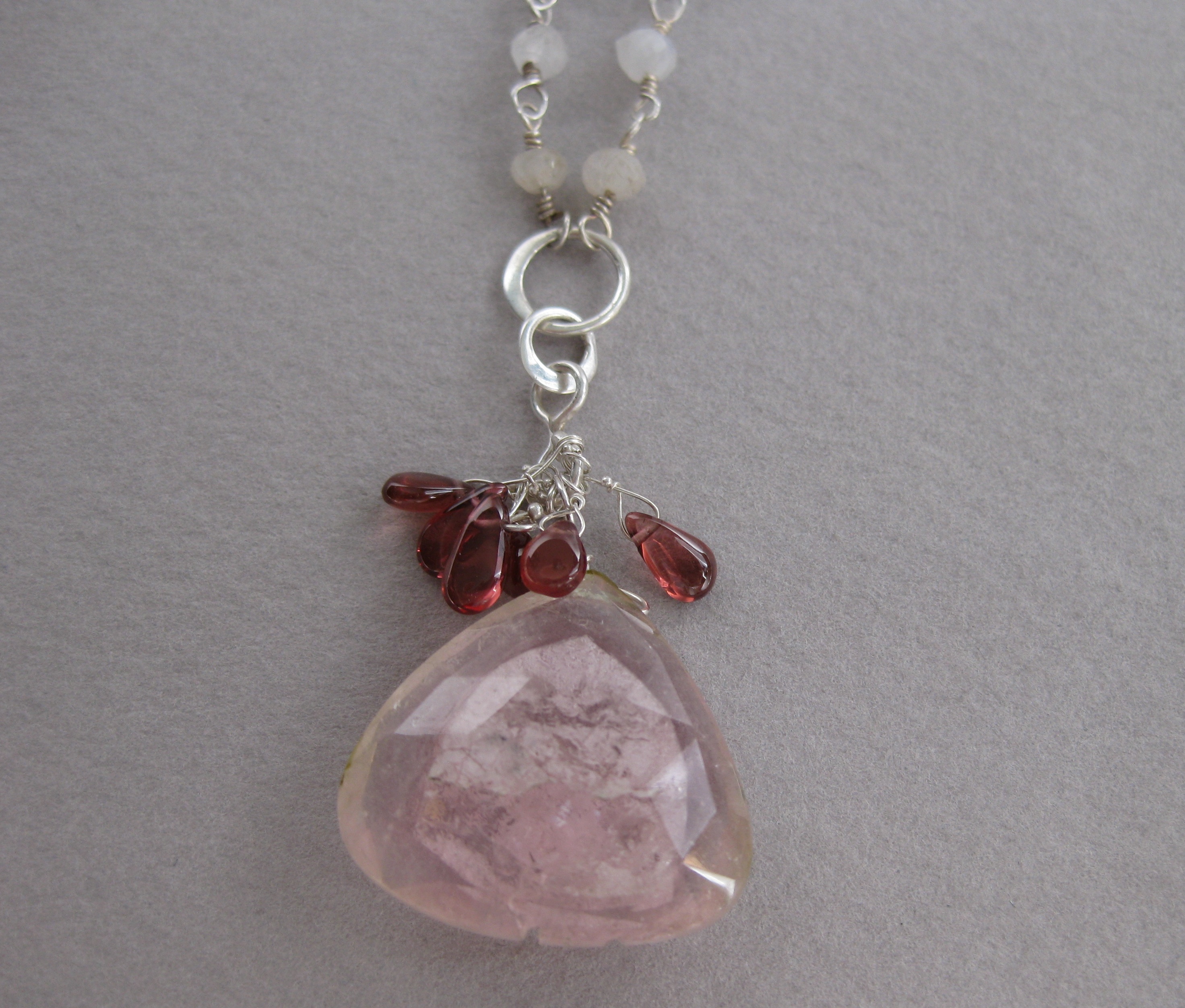 Big Pink Tourmaline Garnet & Moonstone Pendant Y Necklace