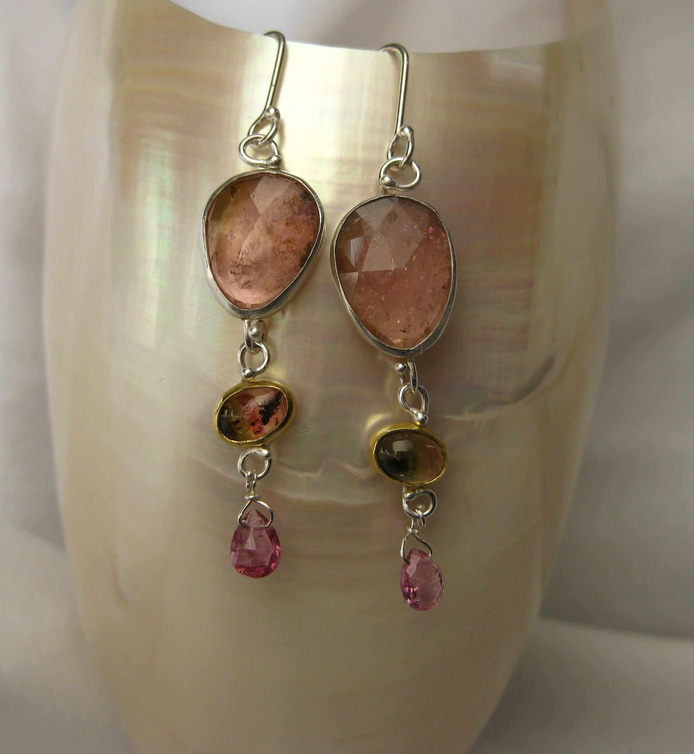 Rose Cut Pink Tourmaline & Watermelon Tourmaline Earrings with Deep Pink Briolettes