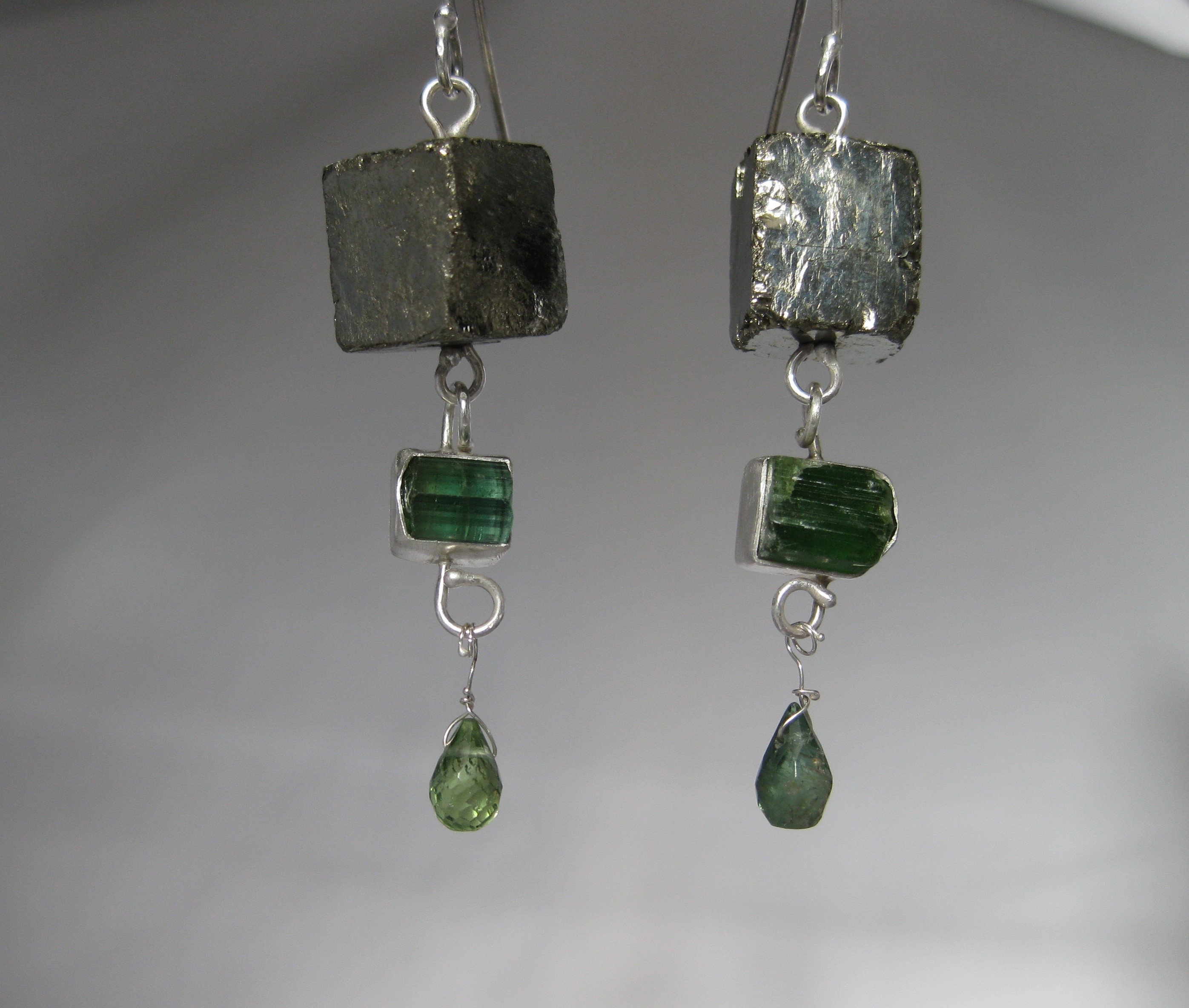 Pyrite Cube & Raw Green Tourmaline Crystal Earrings