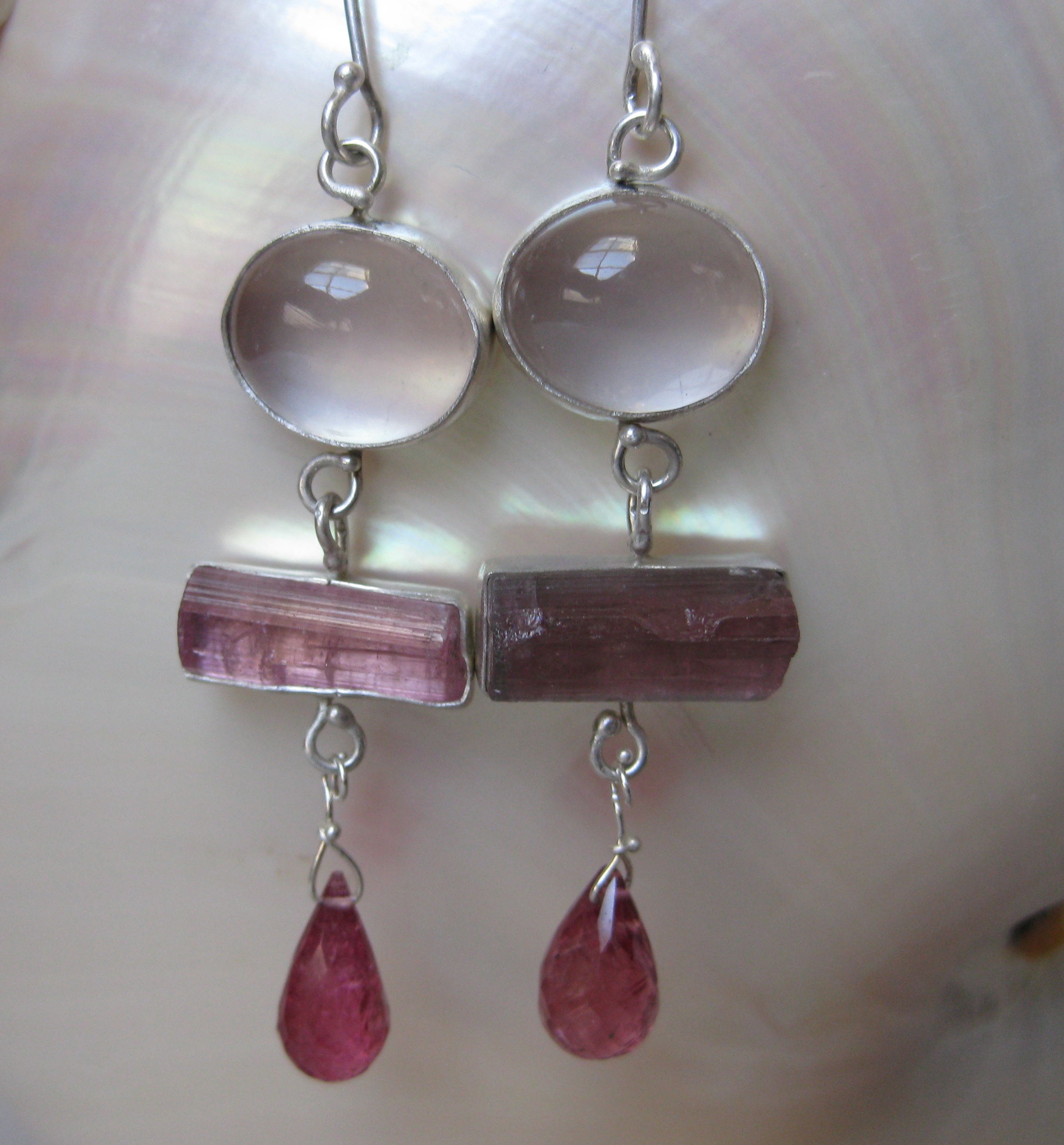 Rose Quartz Earrings with Raw Pink Tourmaline Crystals and Pink Tourmaline Briolettes