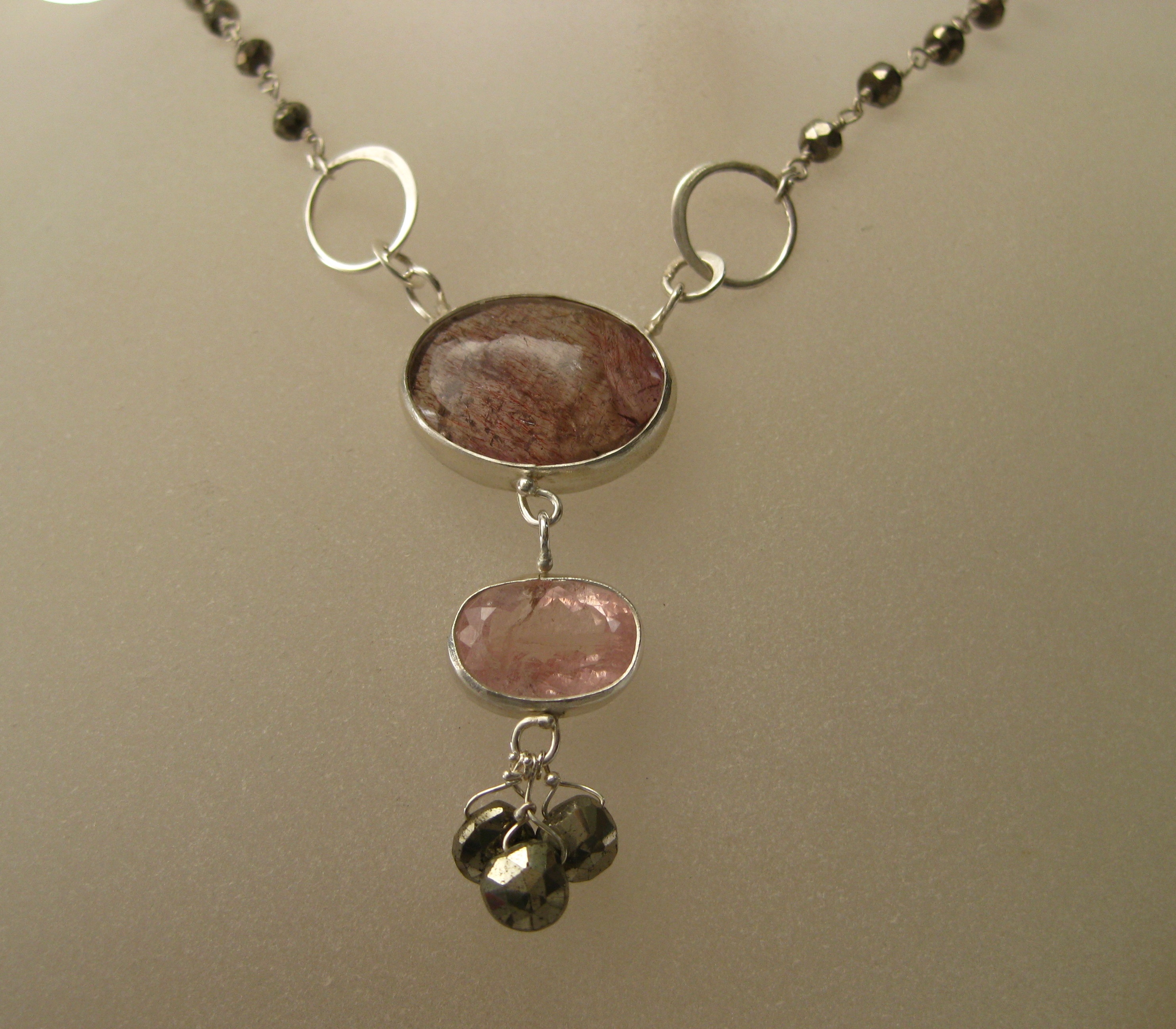 Rare Rutile Amethyst & Pink Morganite Pendant /Necklace with Pyrite