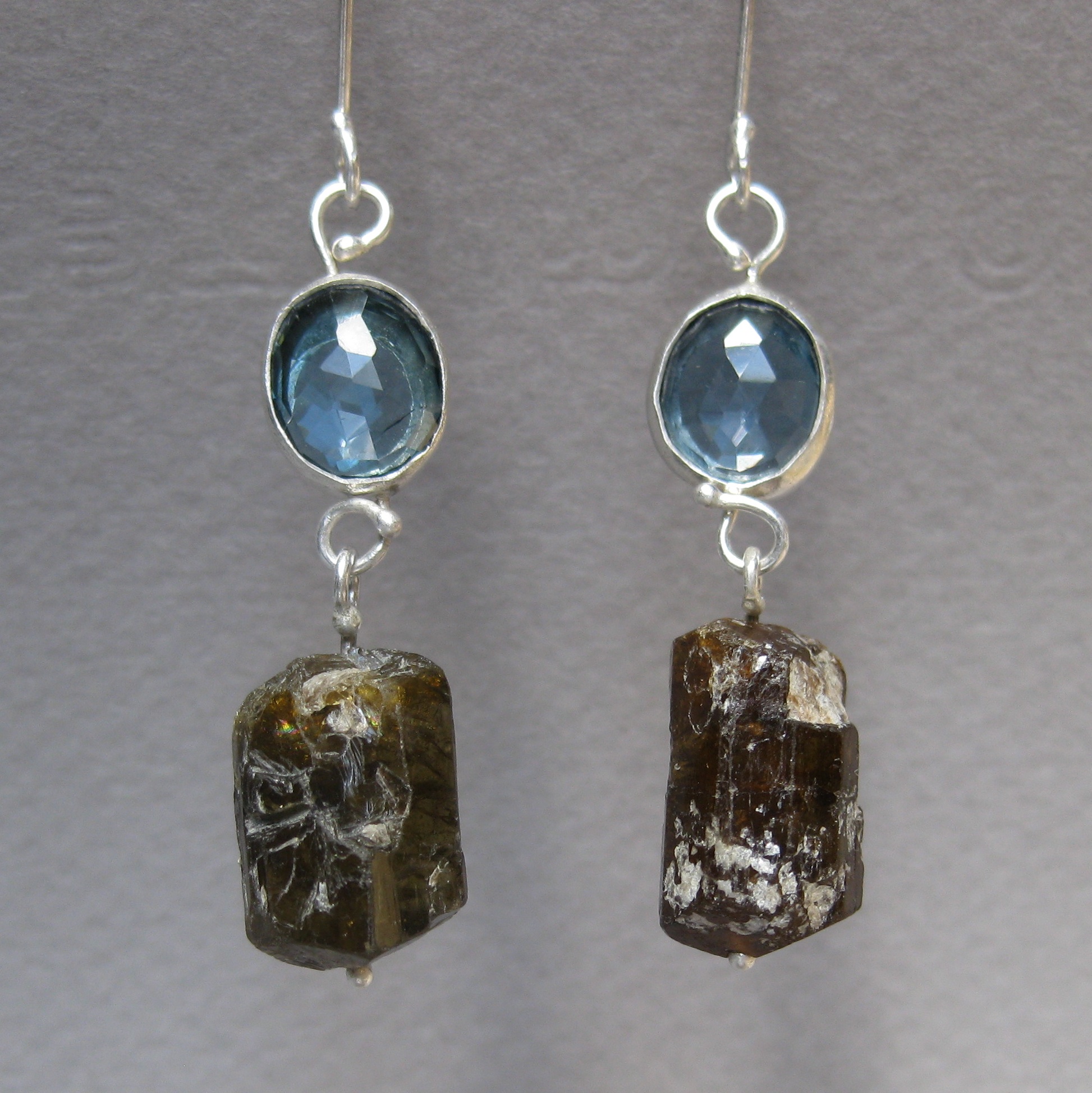 Rose Cut London Blue Topaz Earrings with Raw Brown Tourmaline Crystals.