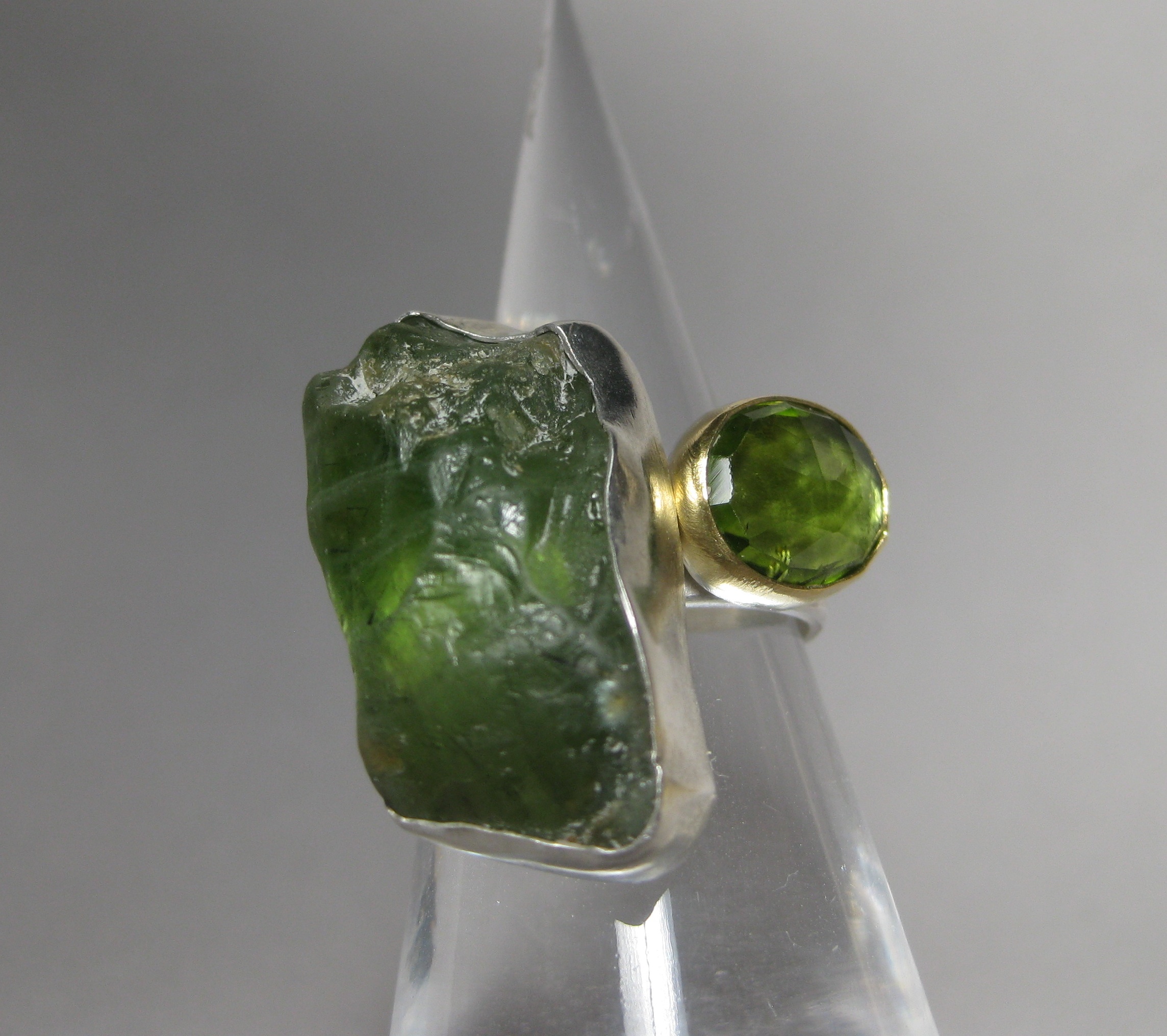 Raw Peridot Crystal Ring with Rose Cut Peridot Ring.