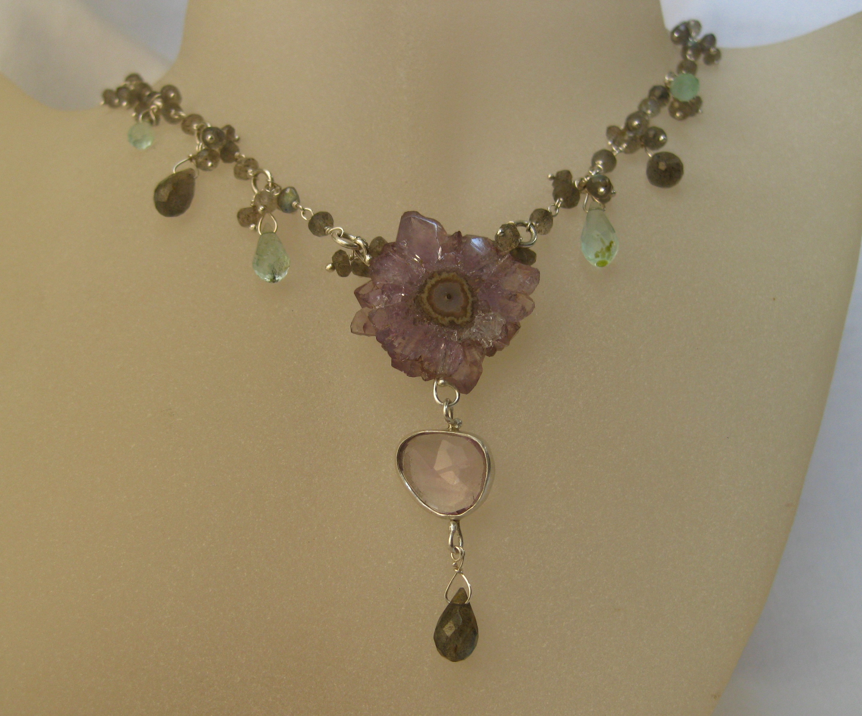 Stalactite Necklace with Rose Cut Lavender Amethyhst, Labradorite & Emerald Briolettes