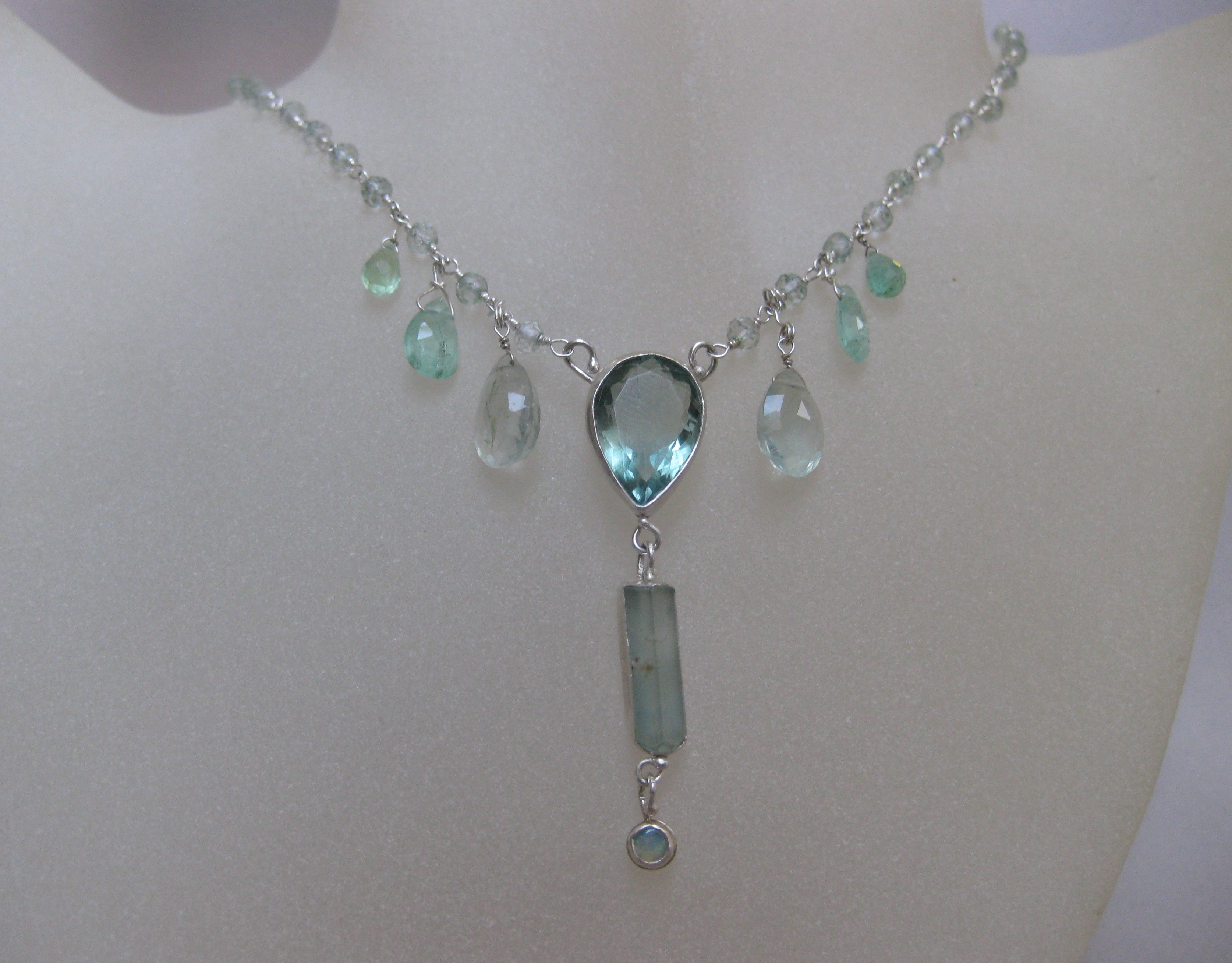 Necklace with Raw Aquamarine Crystal Fluorite & Emerald Briolettes Pear Fluorite  Australian Opal on Green Amethyst (Priasolite) & Silver Chain