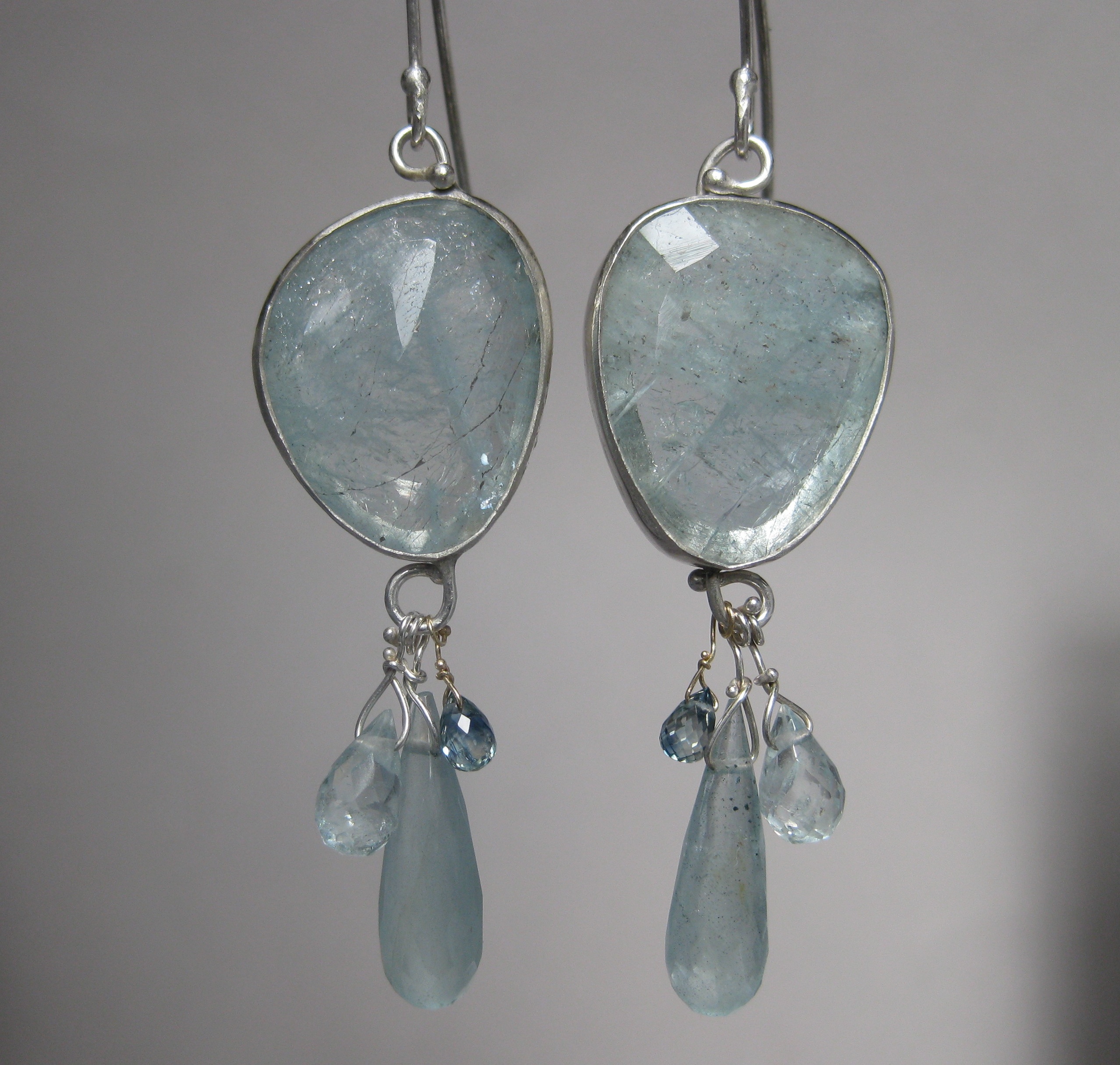 Freeform Rose Cut Aquamarine Earrings with Aquamarine Drops, Aquamarine & Sapphire Briolettes