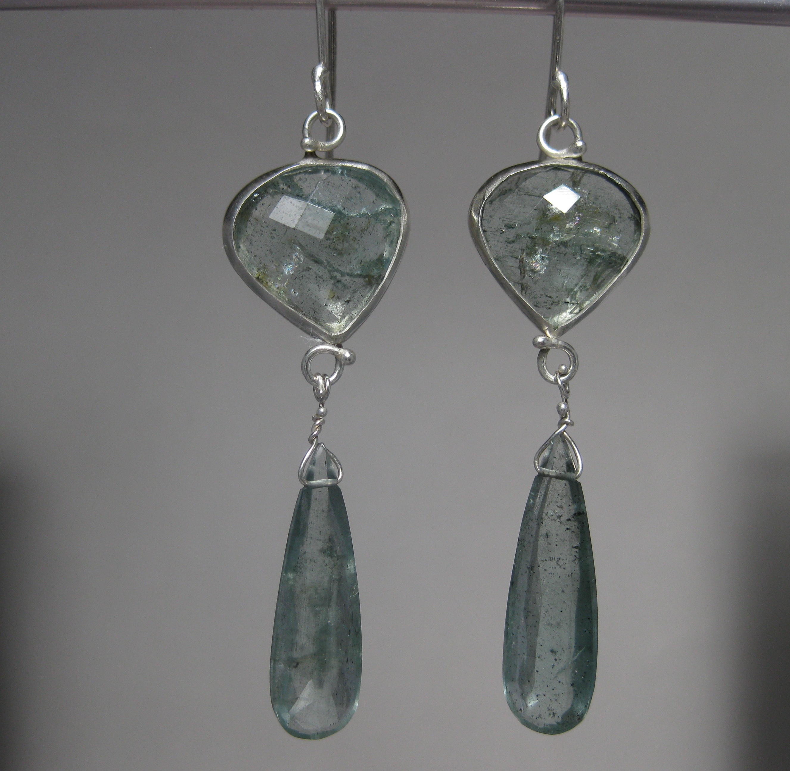 Rose Cut Moss Aquamarine Earrings with Drops