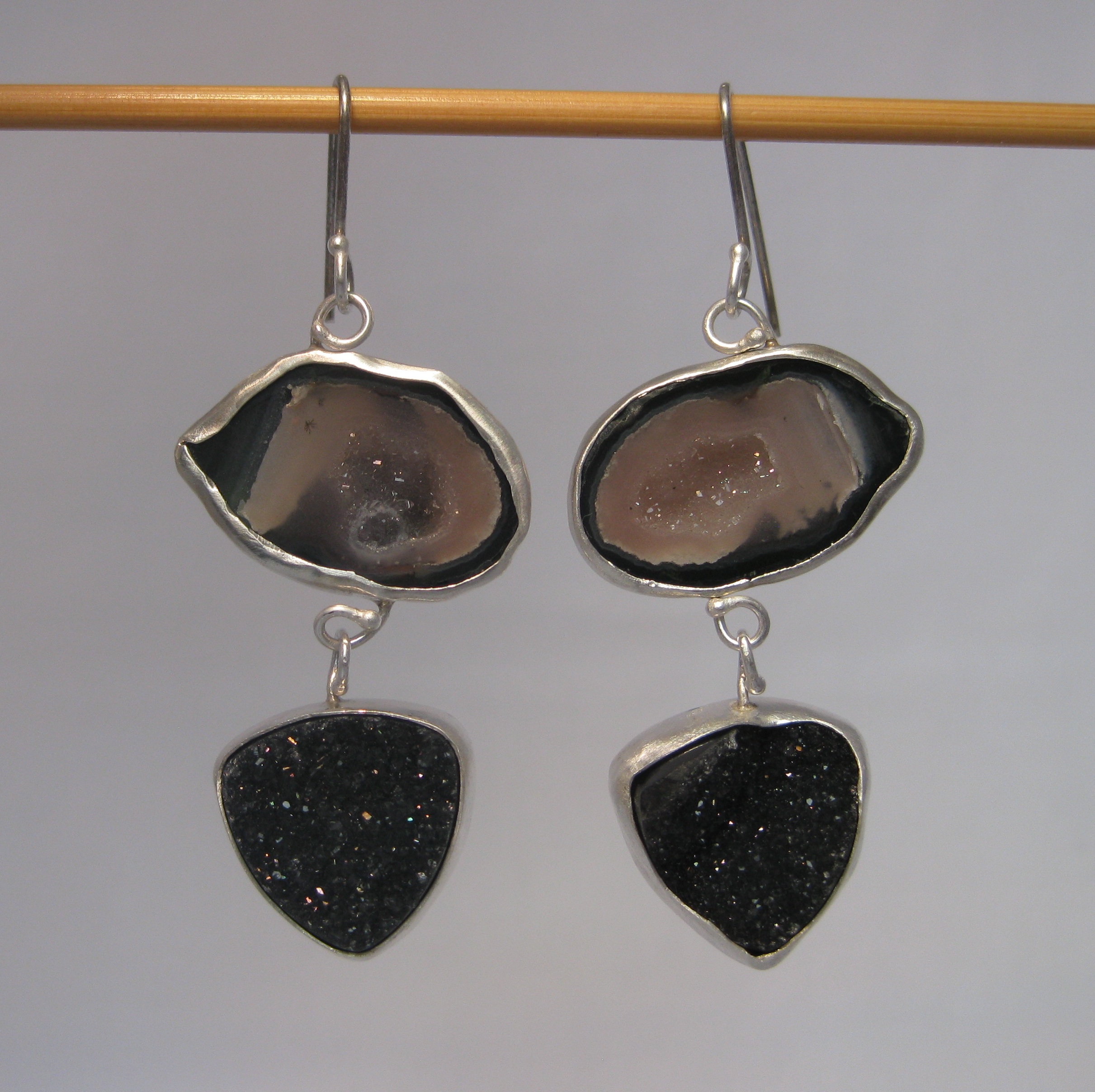 Black & Pink Baby Geode Earrings with Black Druzy Drops