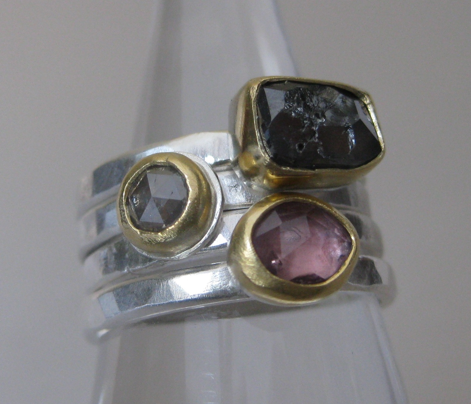 Black Rose Cut Rectangular Diamond, Rose Cut Round Diamond & Rose Cut Pink Sapphire Stacking Rings