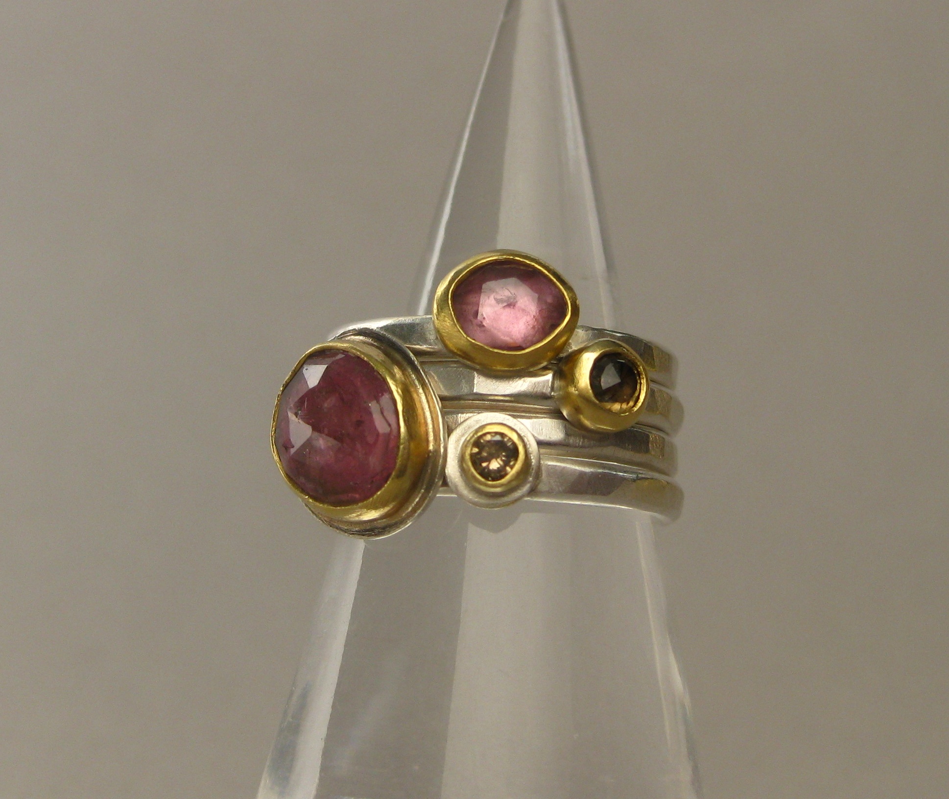 Rose Cut Pink Sapphire, Rose Cut Cognac Diamond, Rose Cut Pink Tourmaline and Champage Diamond Stacking Rings