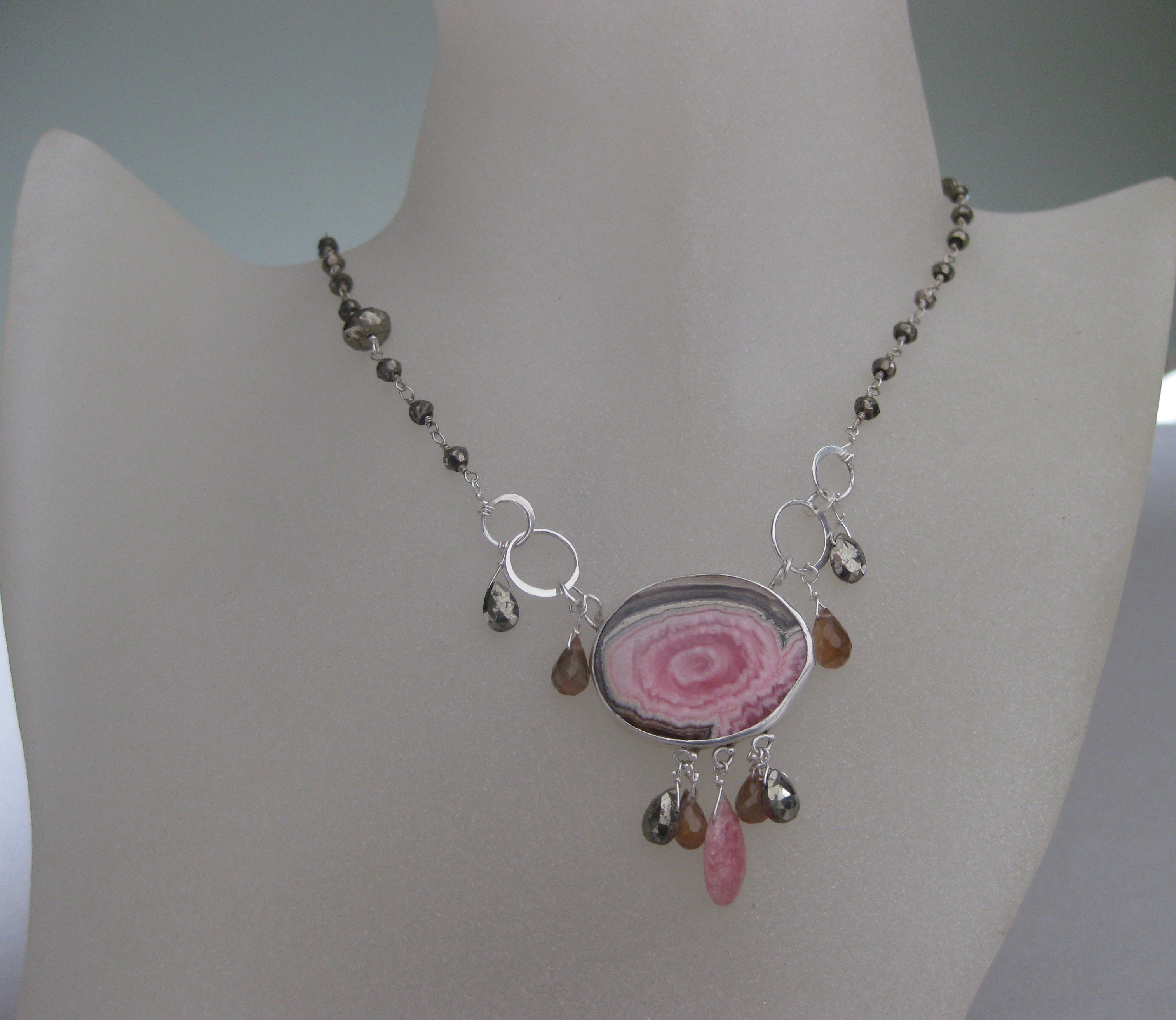 Rhodochrosite Stalactite Slice Necklace with Pyrite & Andalusite Garnet Briolettes