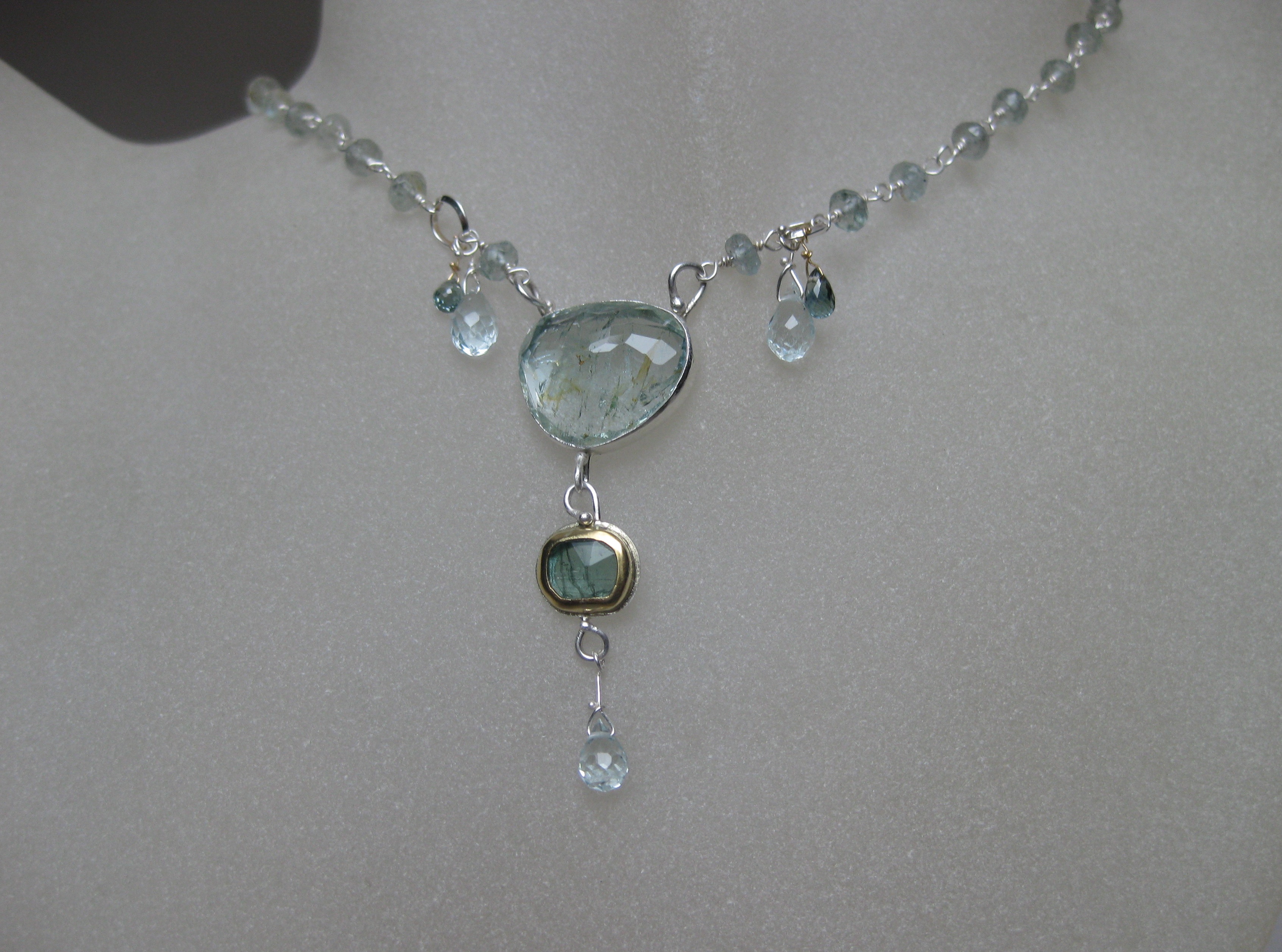 Rose Cut Aquamarine Blue Tourmaline Necklace with Sapphire Briolettes