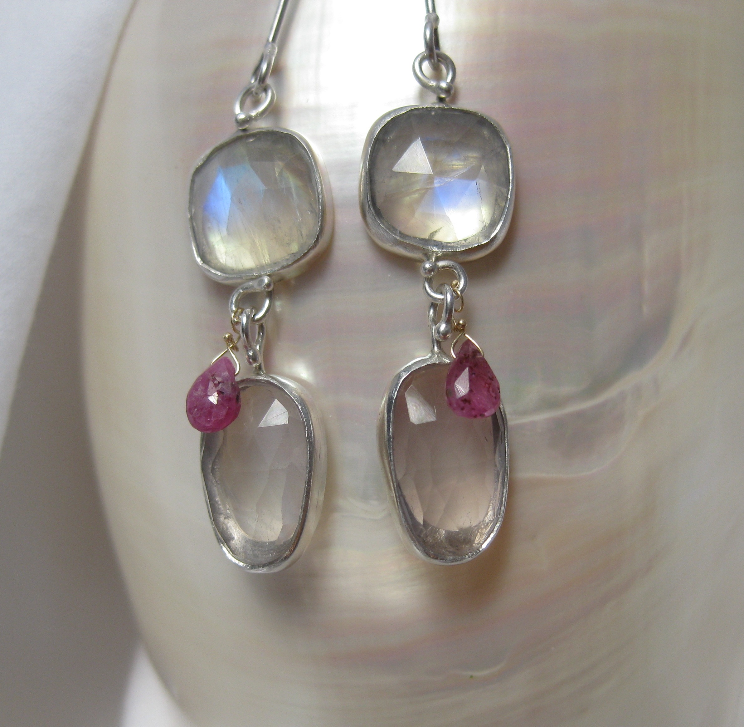 Rose Cut Moonstone and Rose Cut Pink Quartz Earrings with Pink Sapphire Briolettes