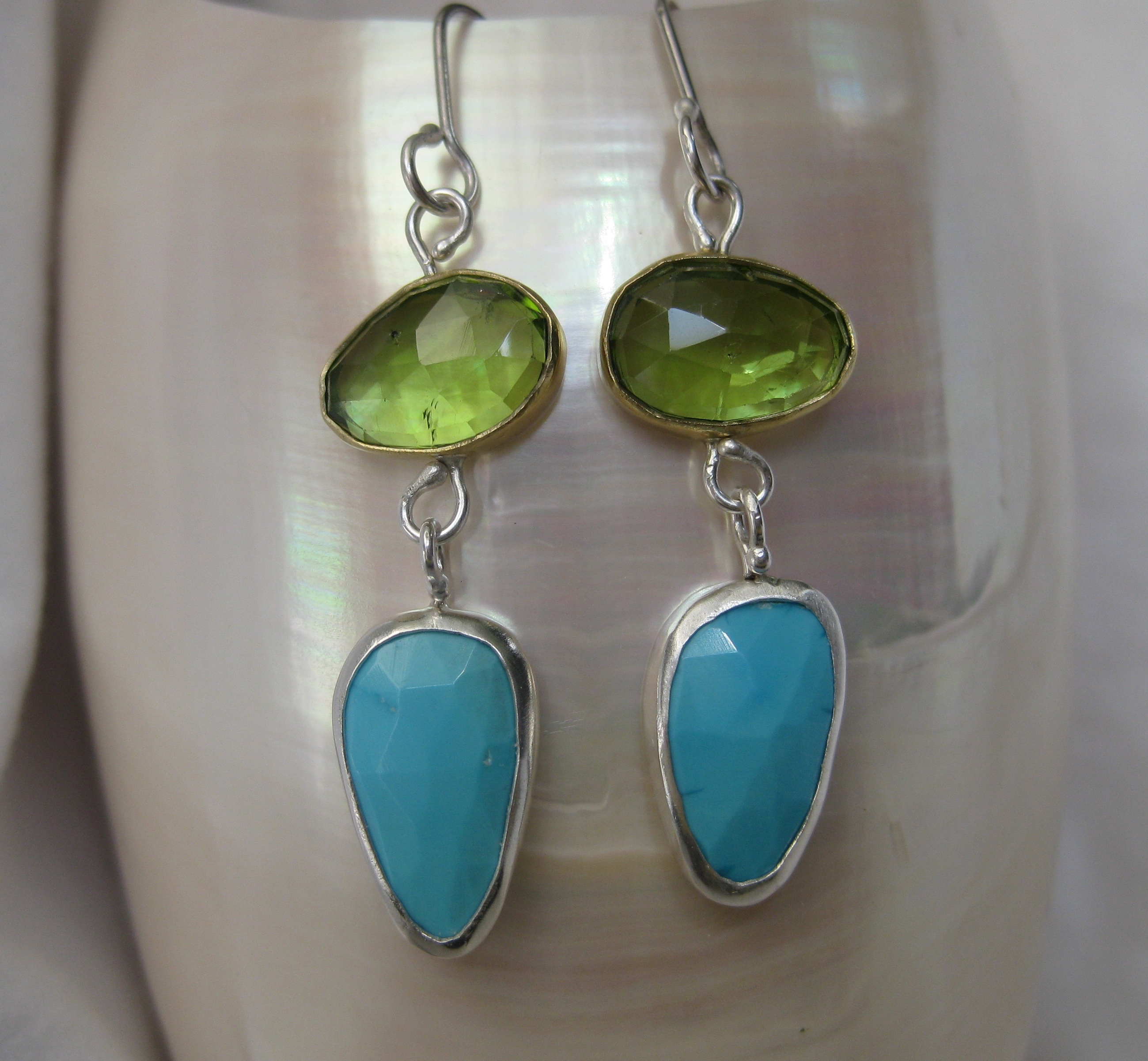 Rose Cut Peridot Earrings With Rose Cut Turquoise Drops