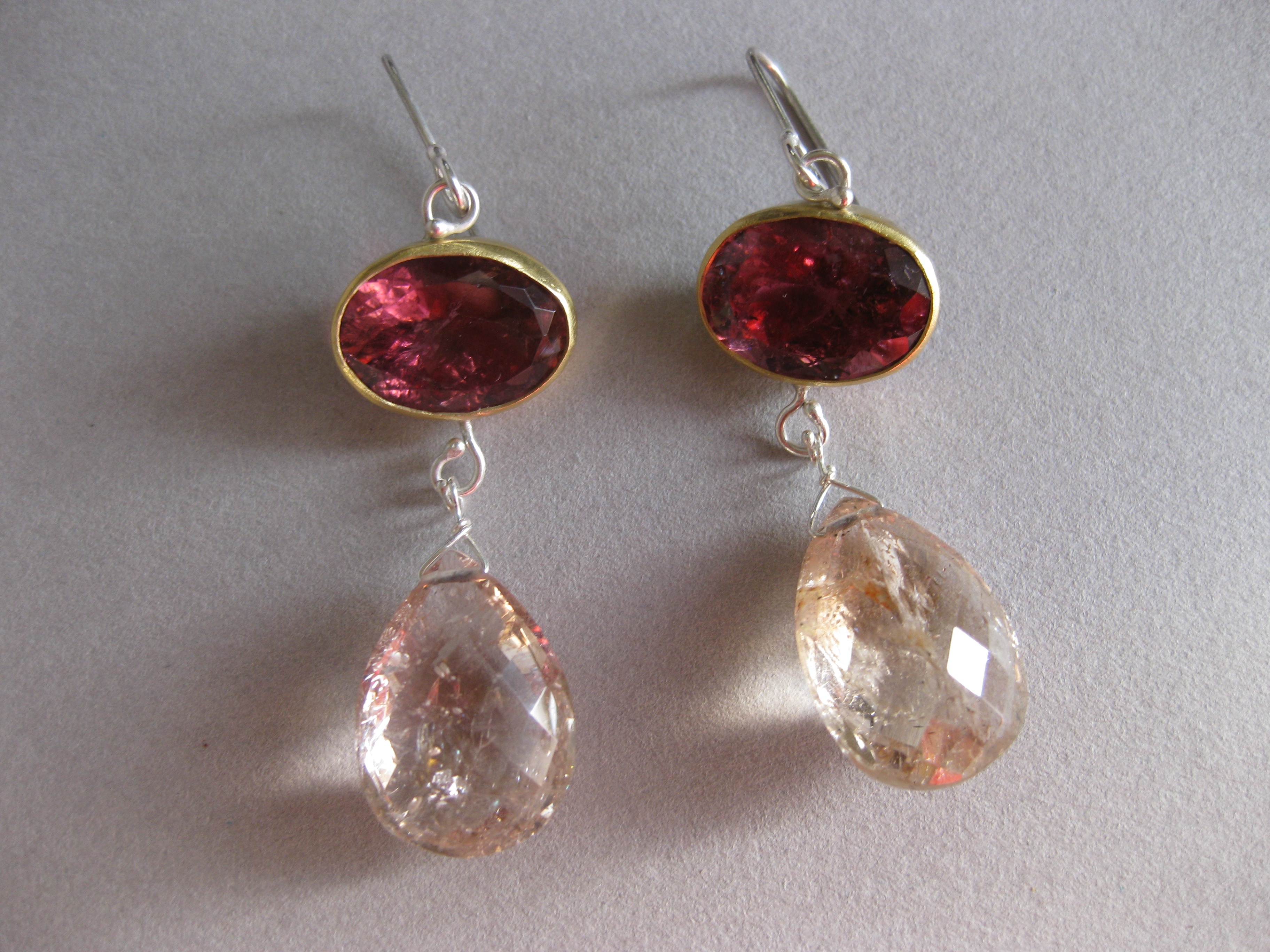 Deep Pink Rubelite Earrings with Morganite Briolette Drops