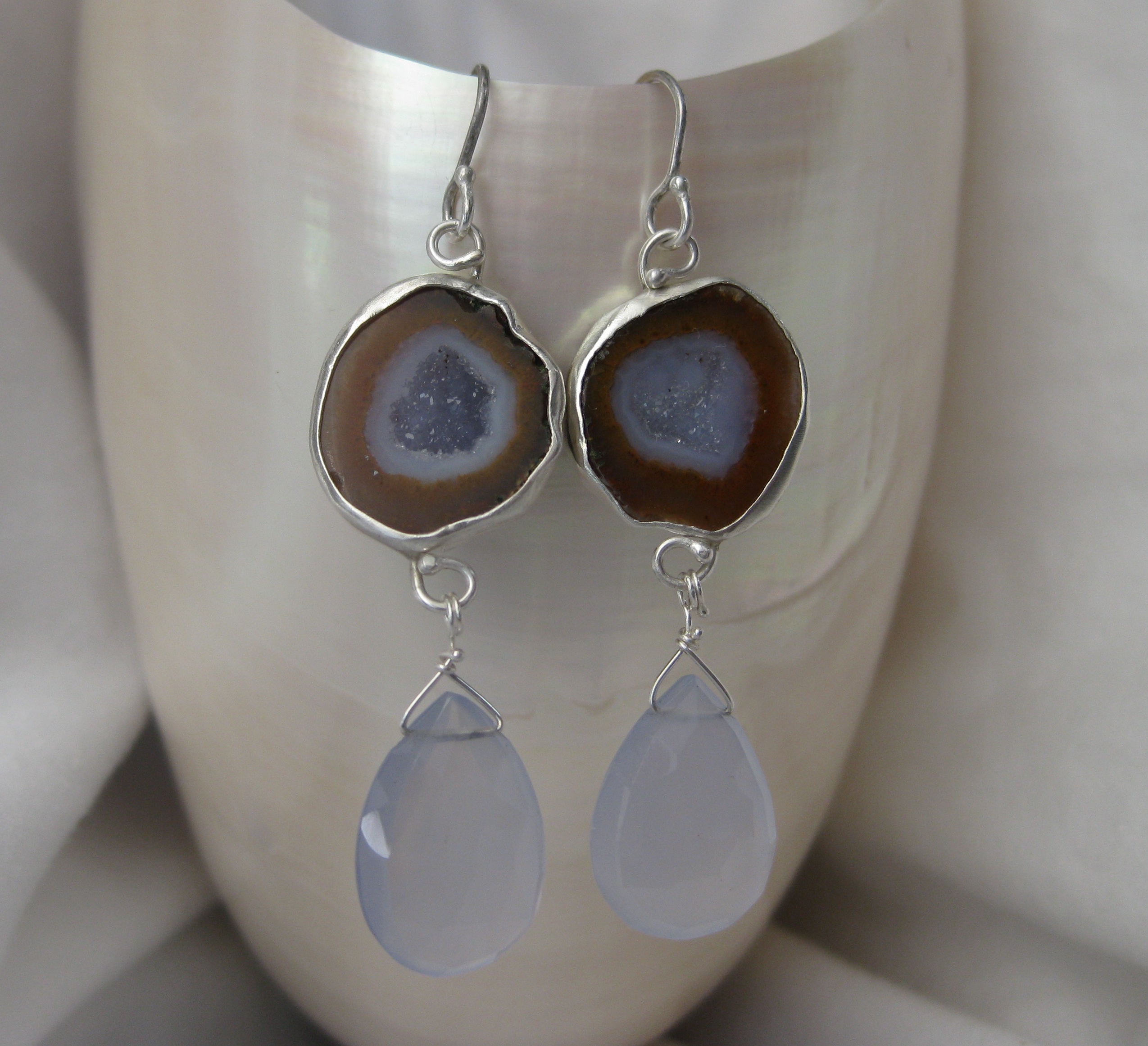 Baby Geode Earrings with Lavender Chalcedony Drops