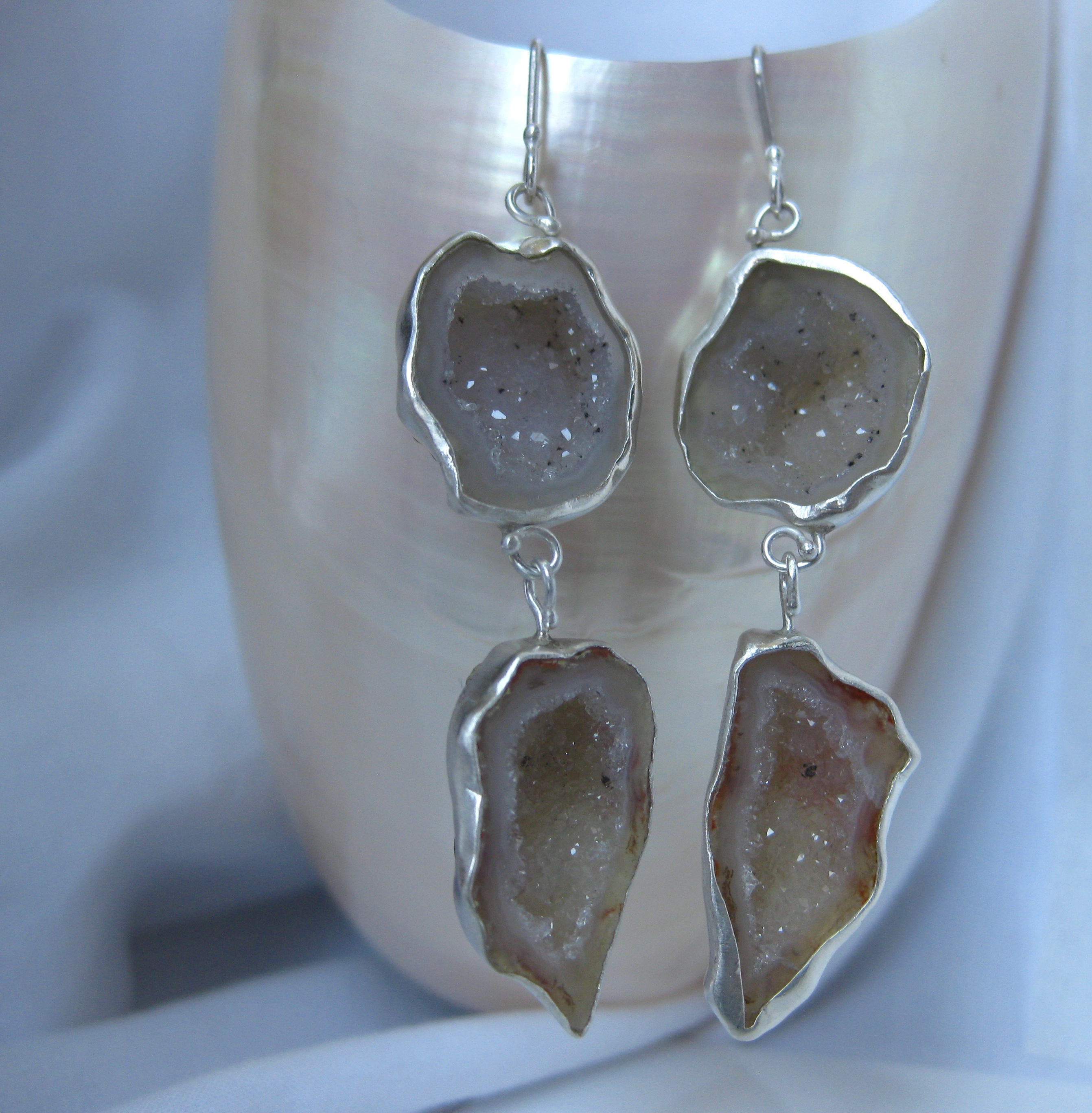 Creamy White Druzy Double Drop Baby Geode Earrings