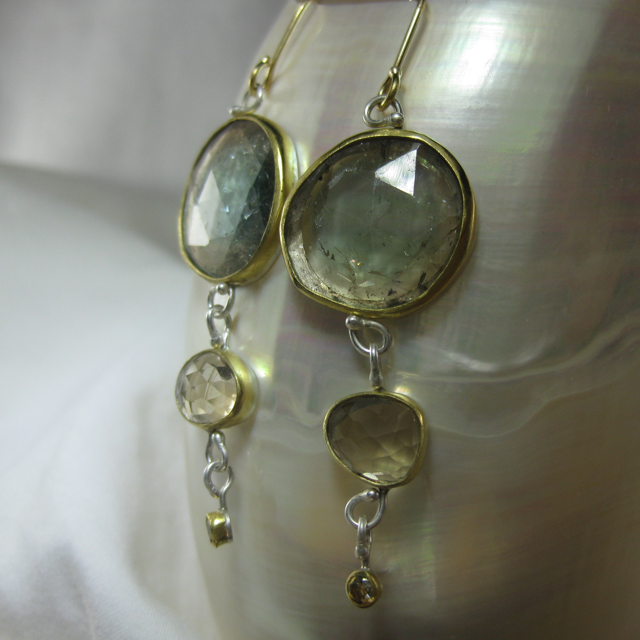 Rose Cut Yellow & Blue Tourmaline Earrings With Champagne Citrines, Champage Diamonds