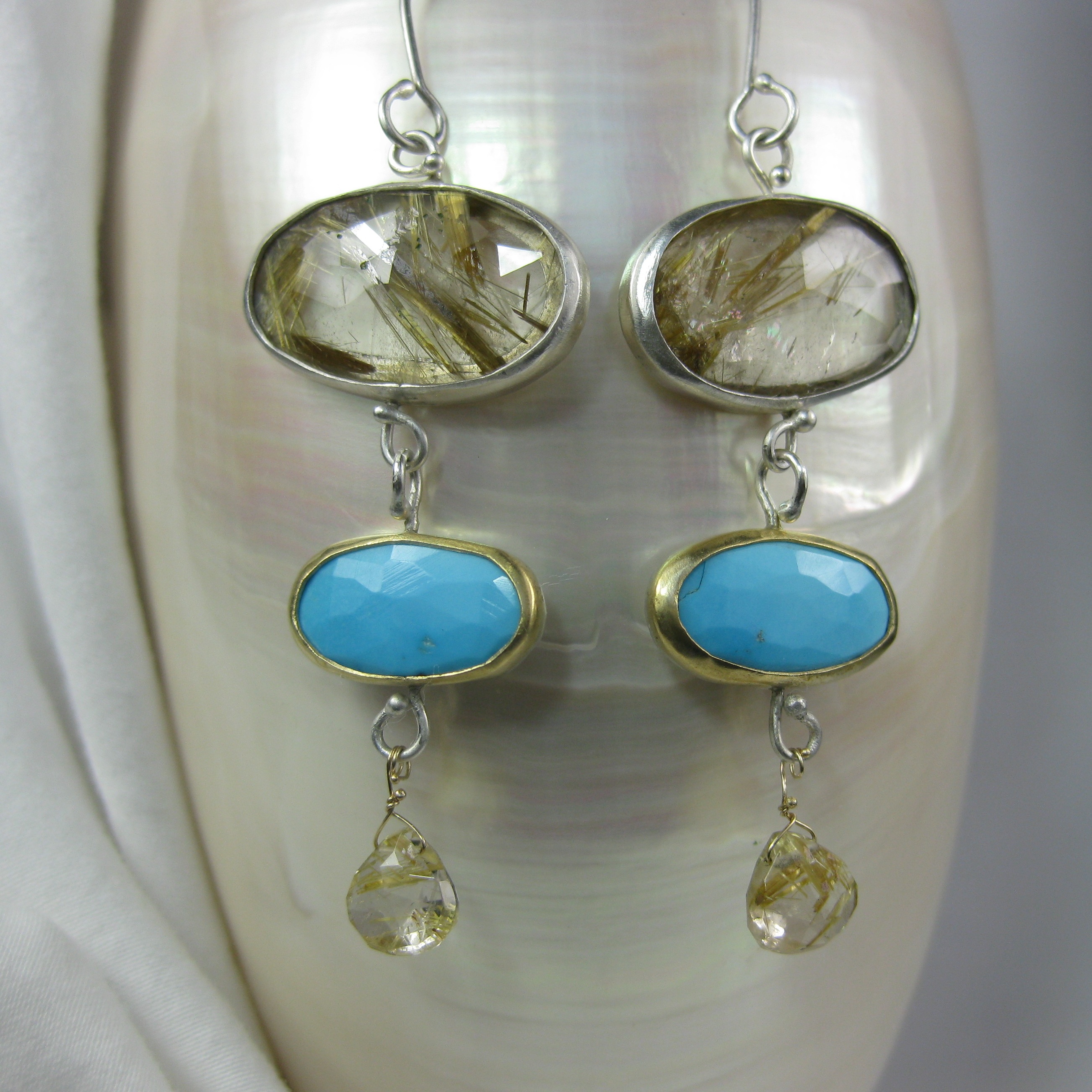 Rose Cut Golden Rutilated Quartz Earrings with Rose Cut Turquoise & Rutile Briolettes