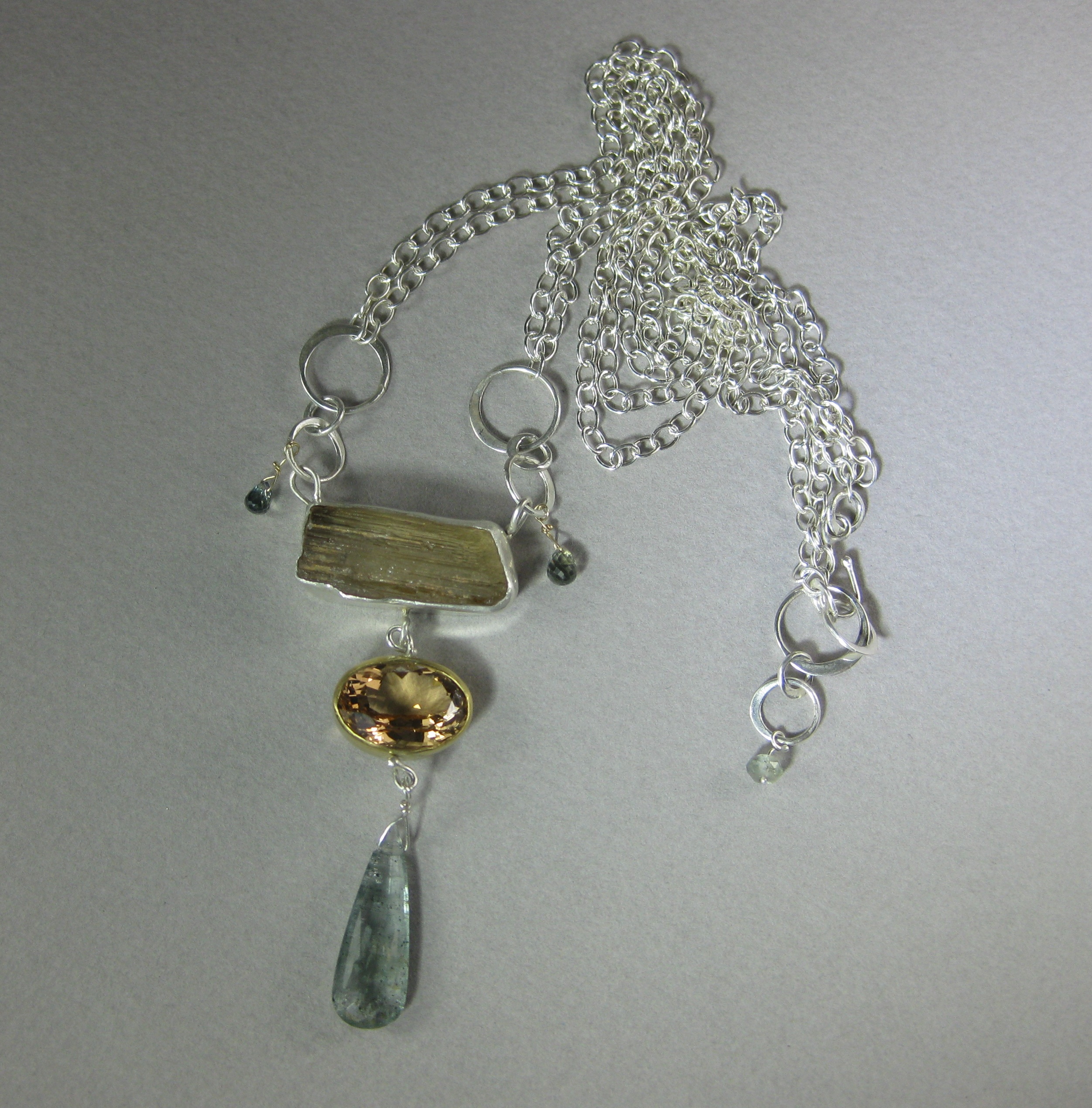 Raw Scapolite Crystal, Yellow Beryl, Moss Aquamarine & Sapphire Talisman Necklace