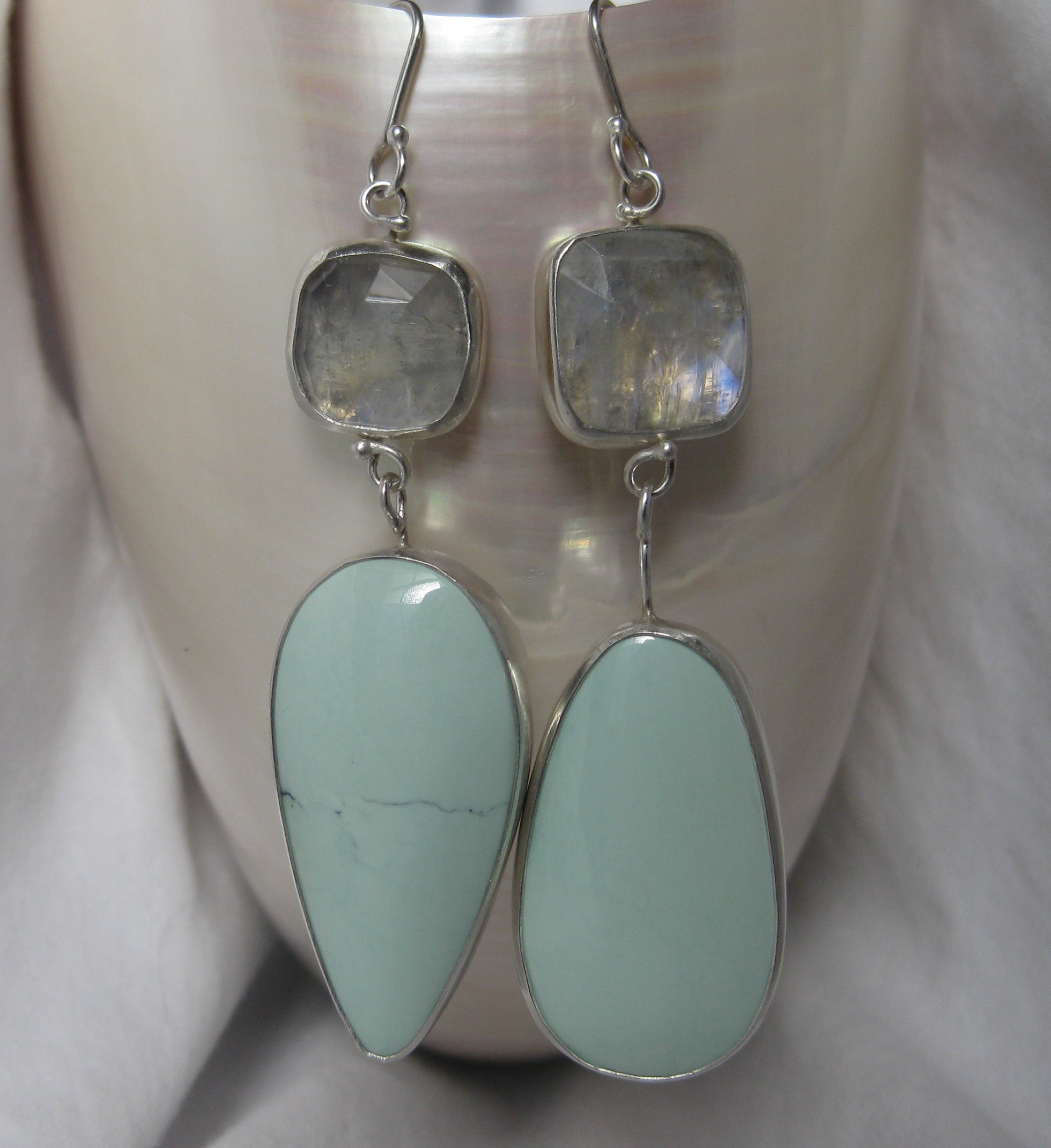 Square Rose Cut Moonstone & Turquoise Miss Matched Earrings