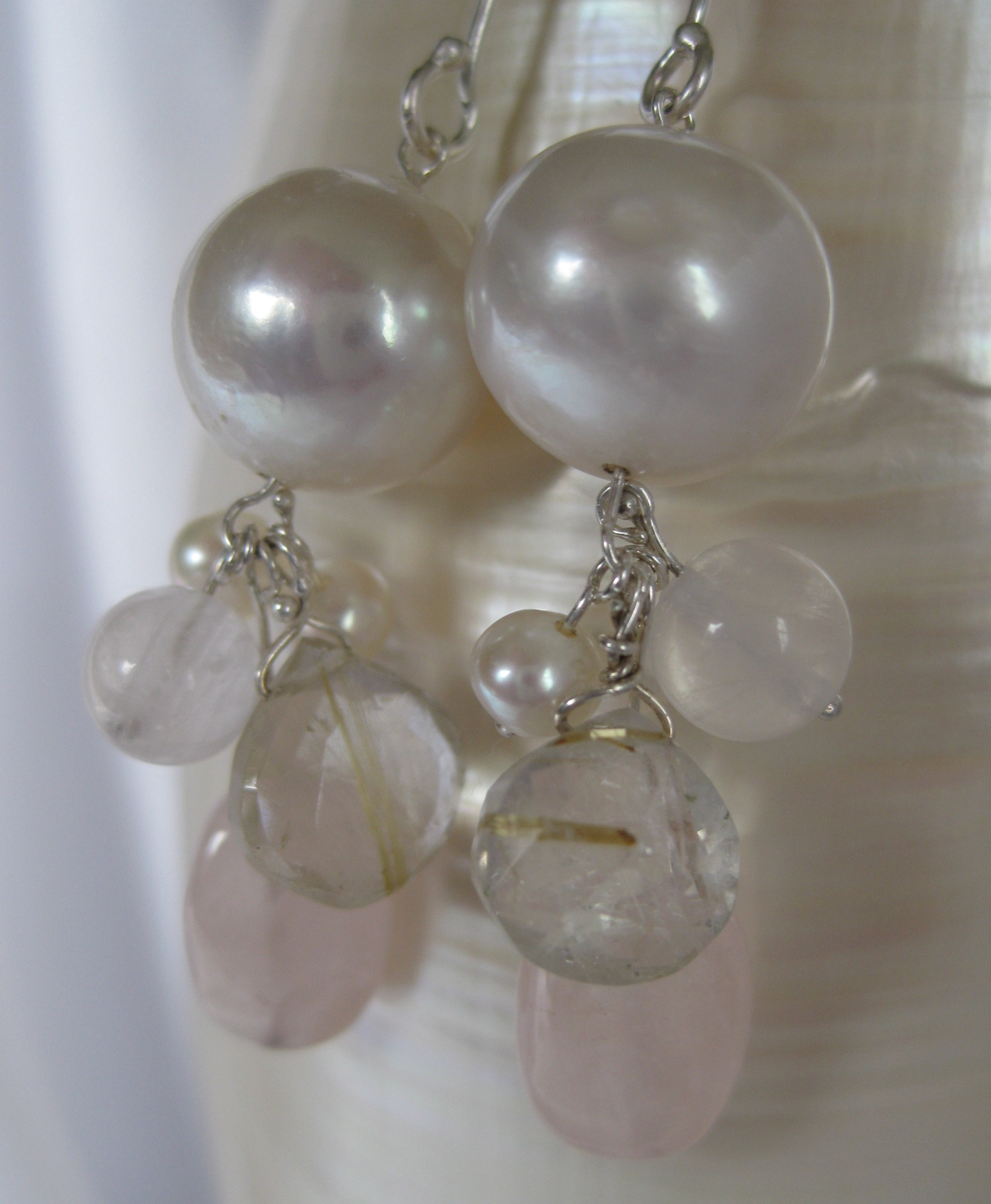 Pearl, Rutilated Quartz, & Rose Quartz Earrings 