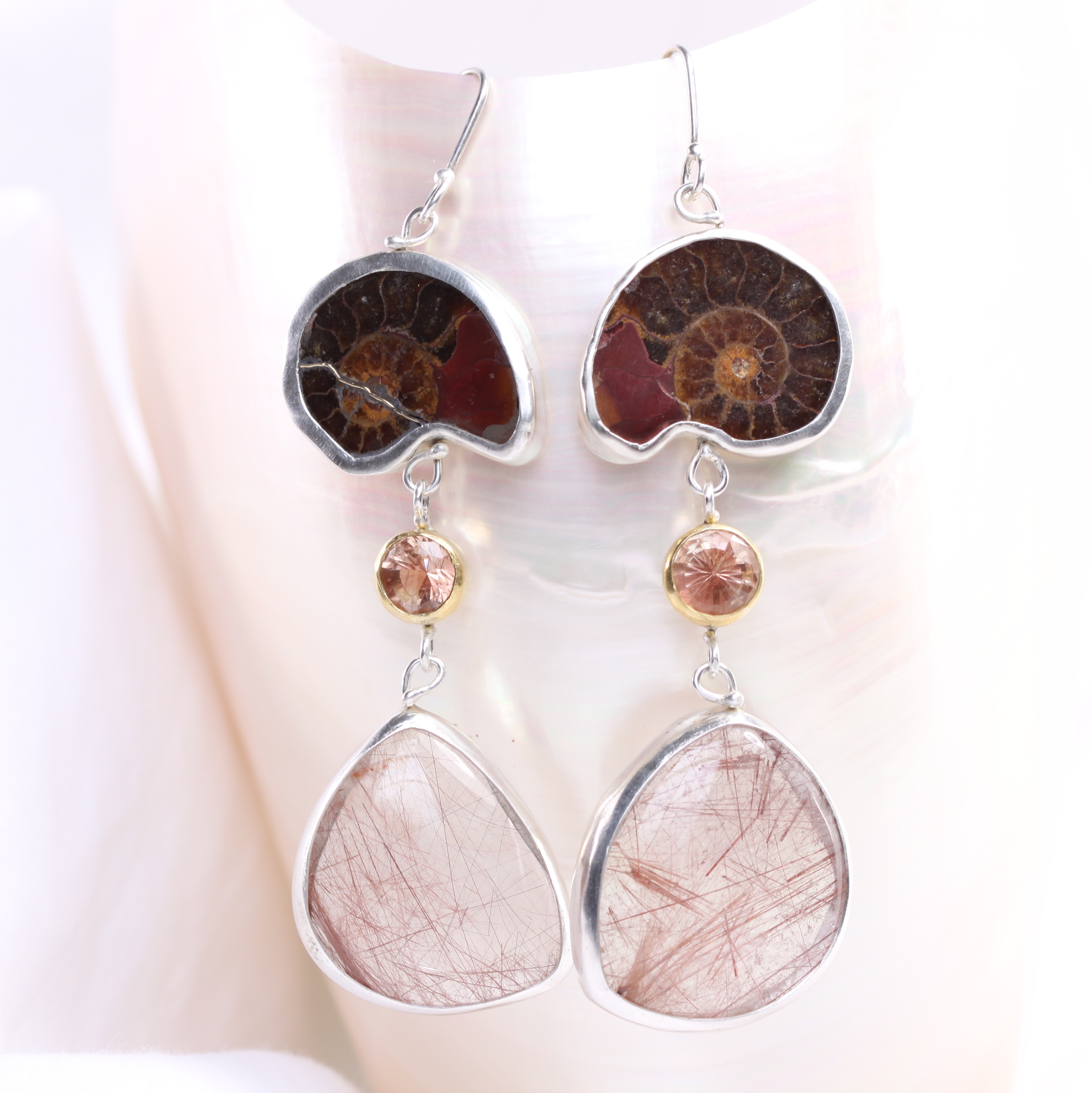 Agatized Ammonite Earrings with Oregon Sunstones & Red Rutilated Quarz