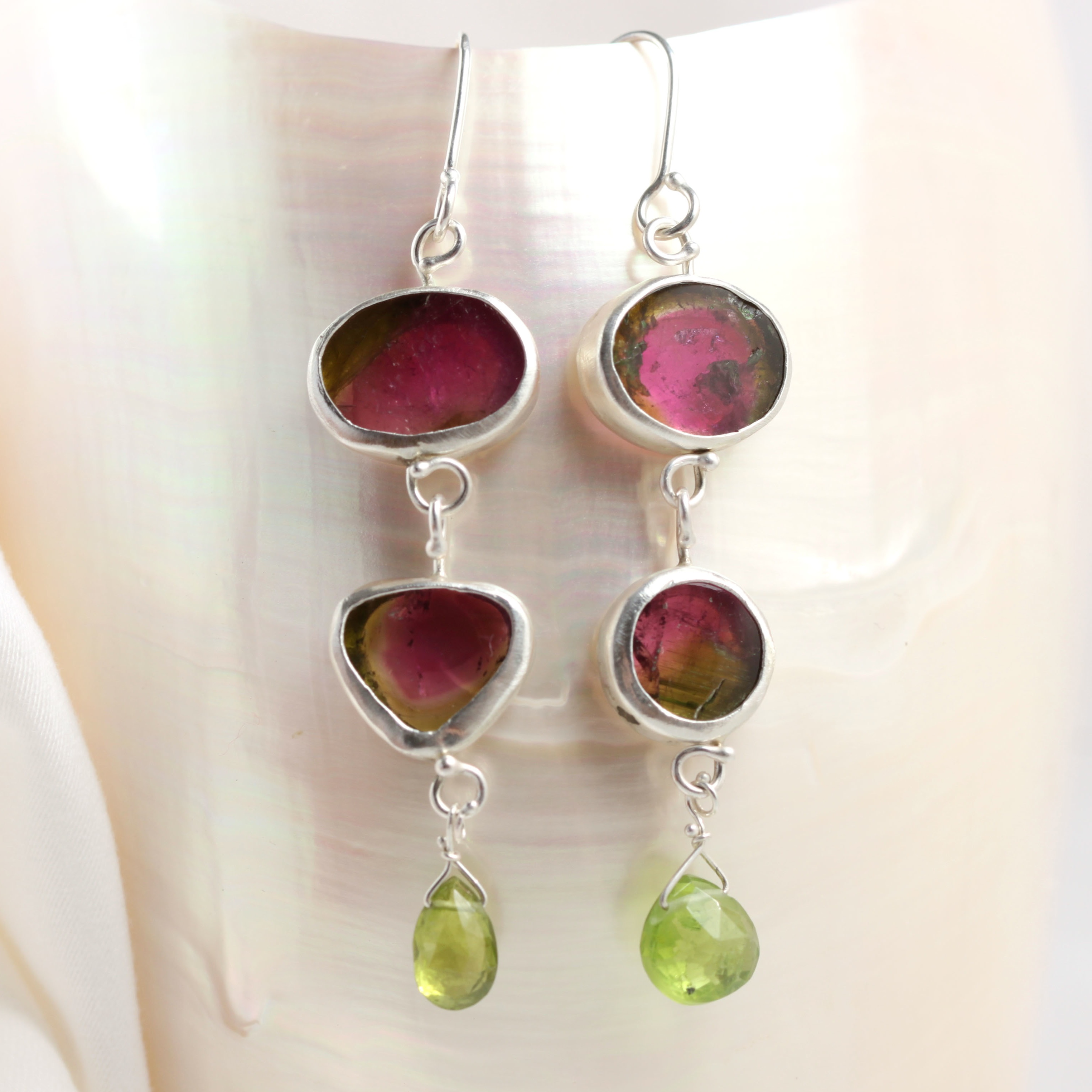 Watermelon Tourmaline Slice Double Drop Earrings with Peridot Briolettes