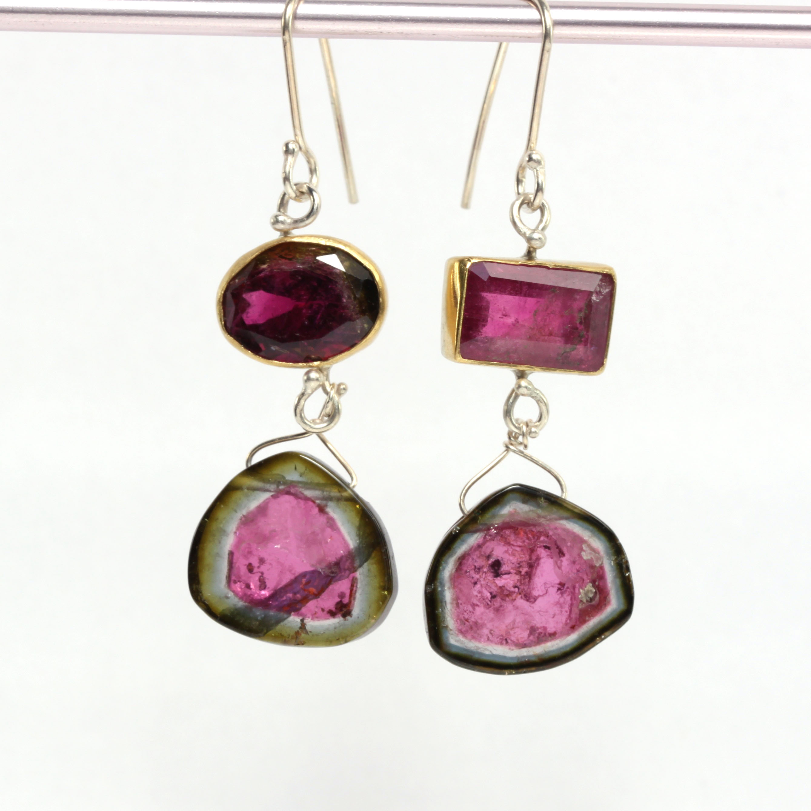 Watermelon Slice Tourmaline Earrings with Mis Matched Rubelites