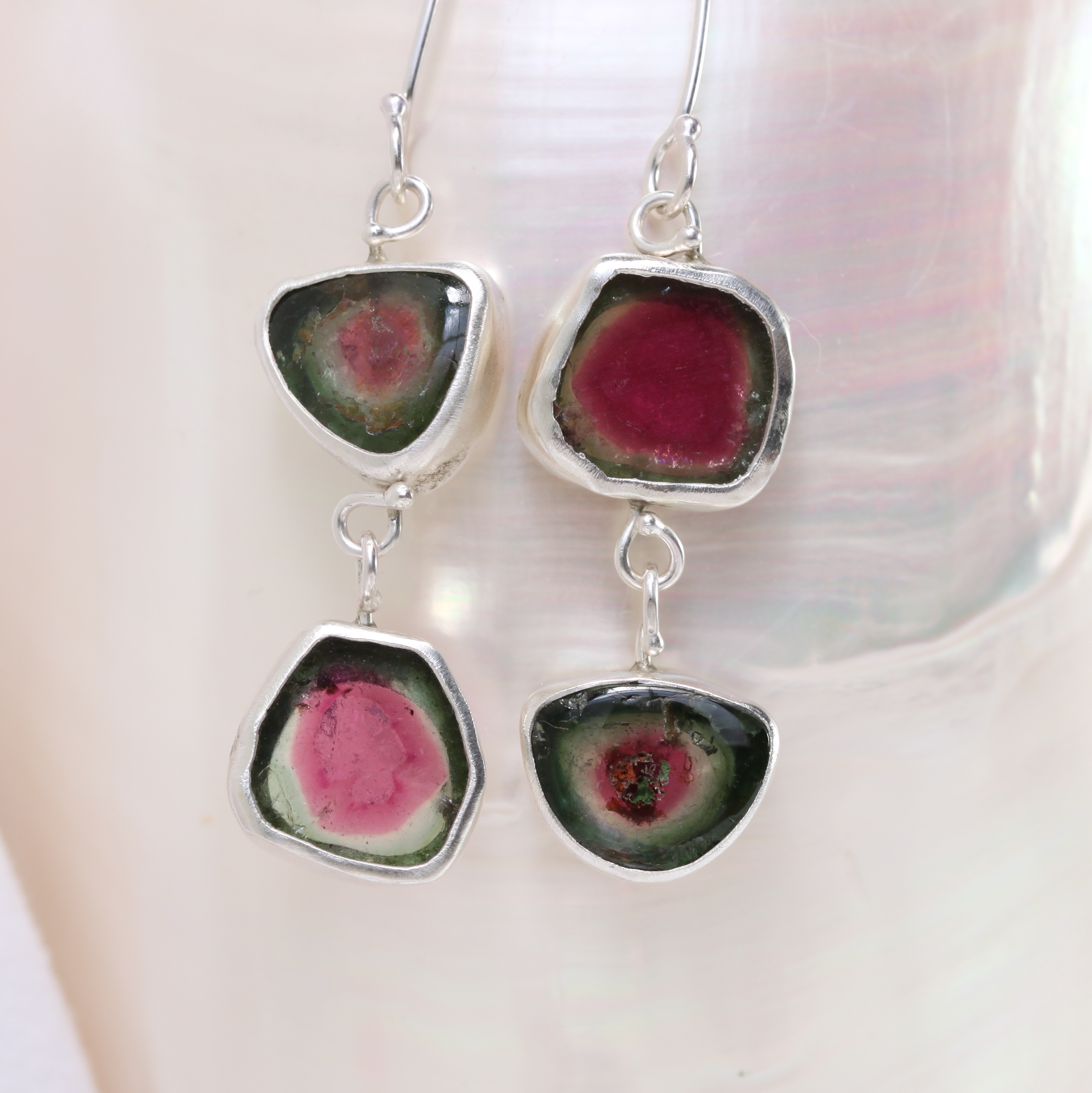 Watermelon Tourmaline Slice "Miss Matched" Double Drop Earrings