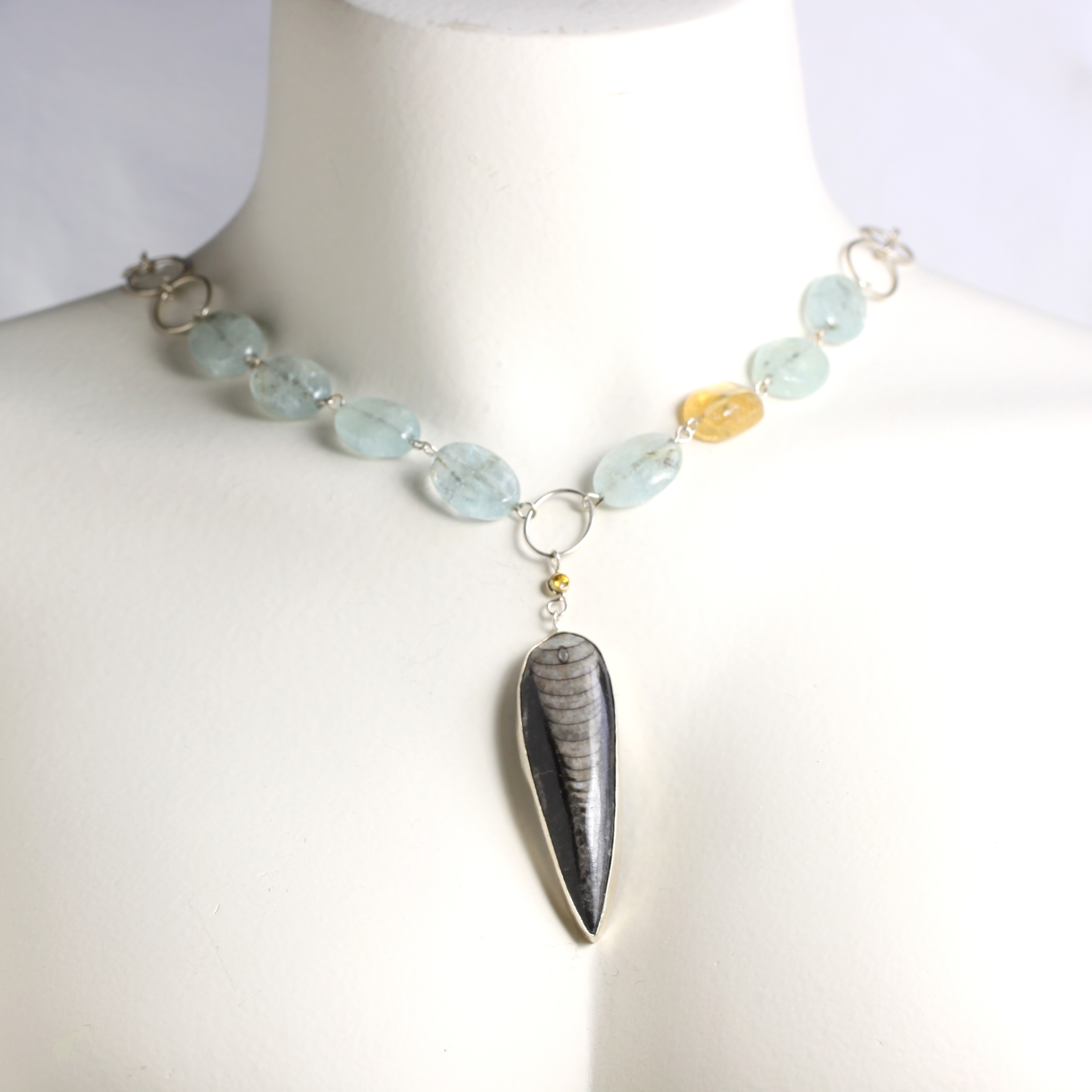 Wanga Necklace Pendant: Orthoceras Yellow Sapphire Aquamarines & Citrine