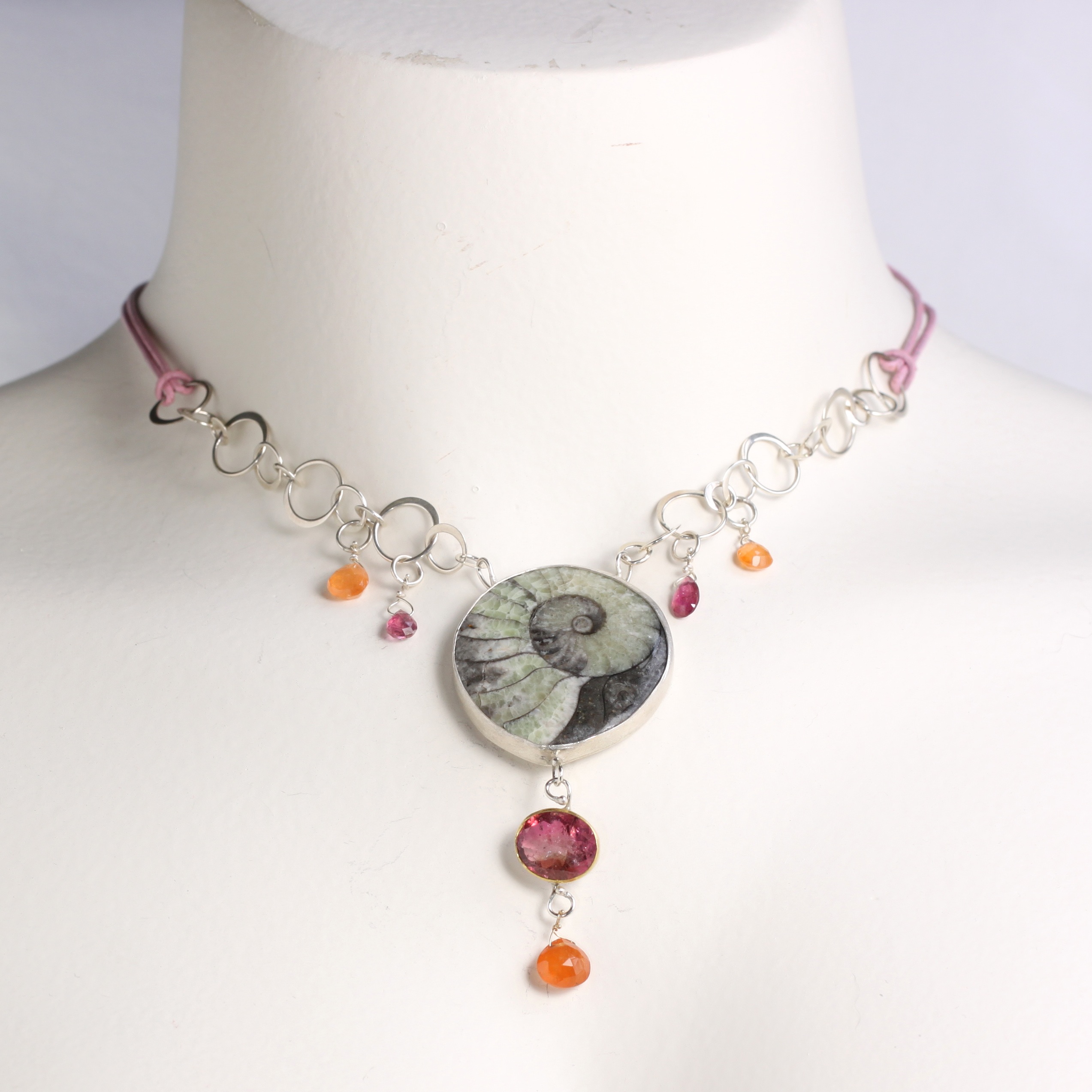 Wanga Necklace: Ammonite Rubelite with Pink Tourmaline & Spessartite (Orange Garnet) Briolettes