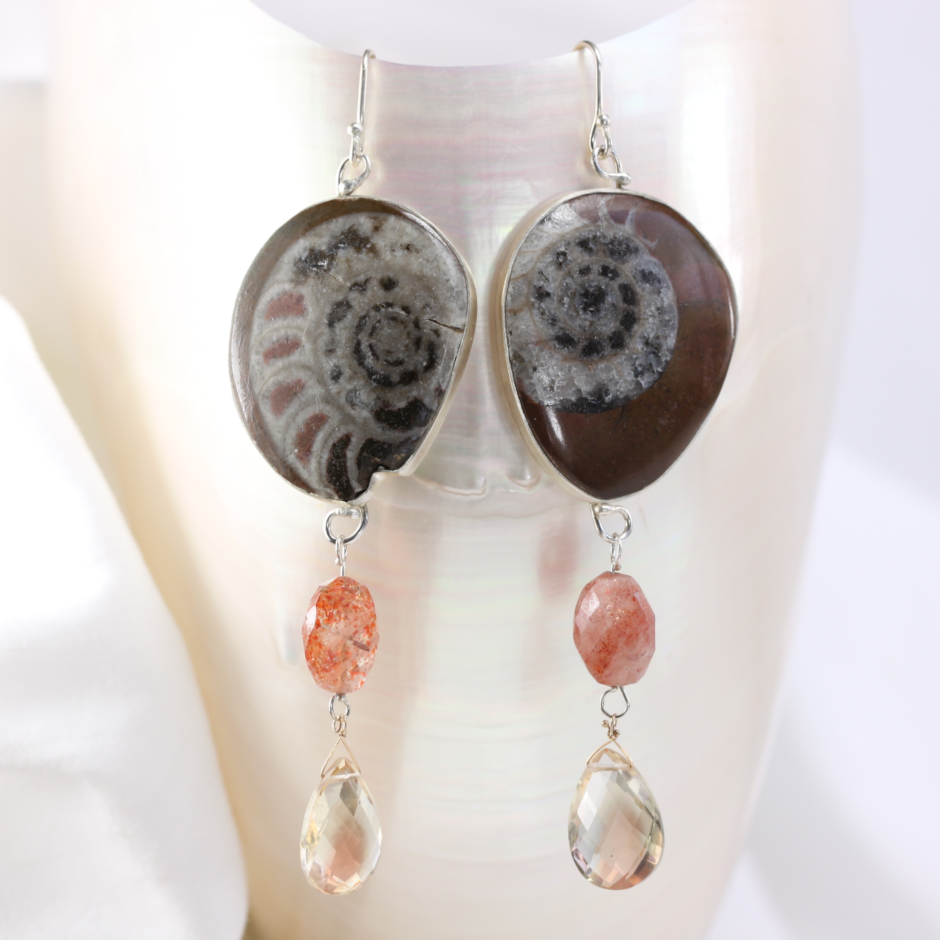 Wanga Earrings: Ammonites Sunstones Oregon Sunstone Briolettes