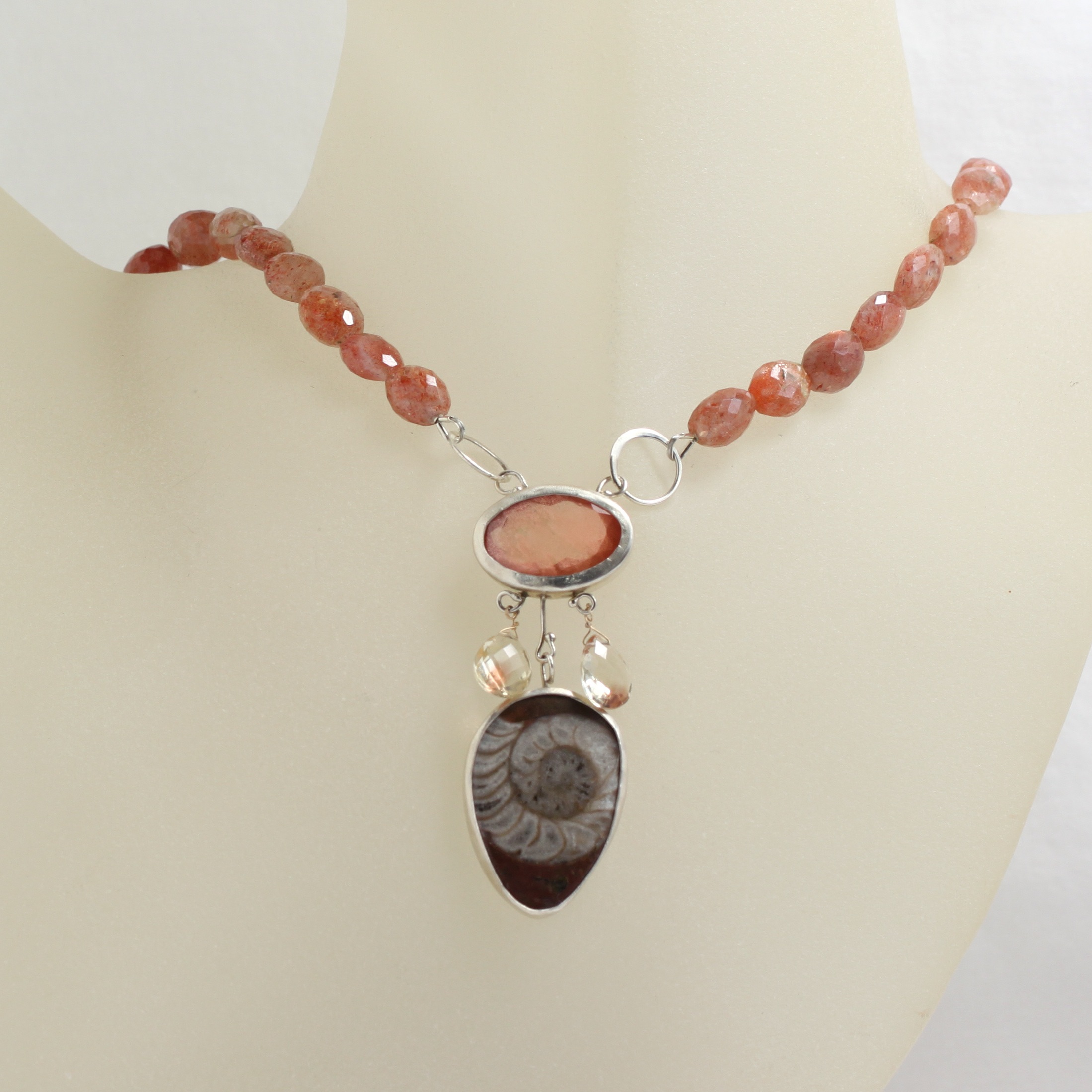 Wanga Necklace: Ammonite Oregon Sunstone & Oregon Sunstone Briolettes Sunstone Beads