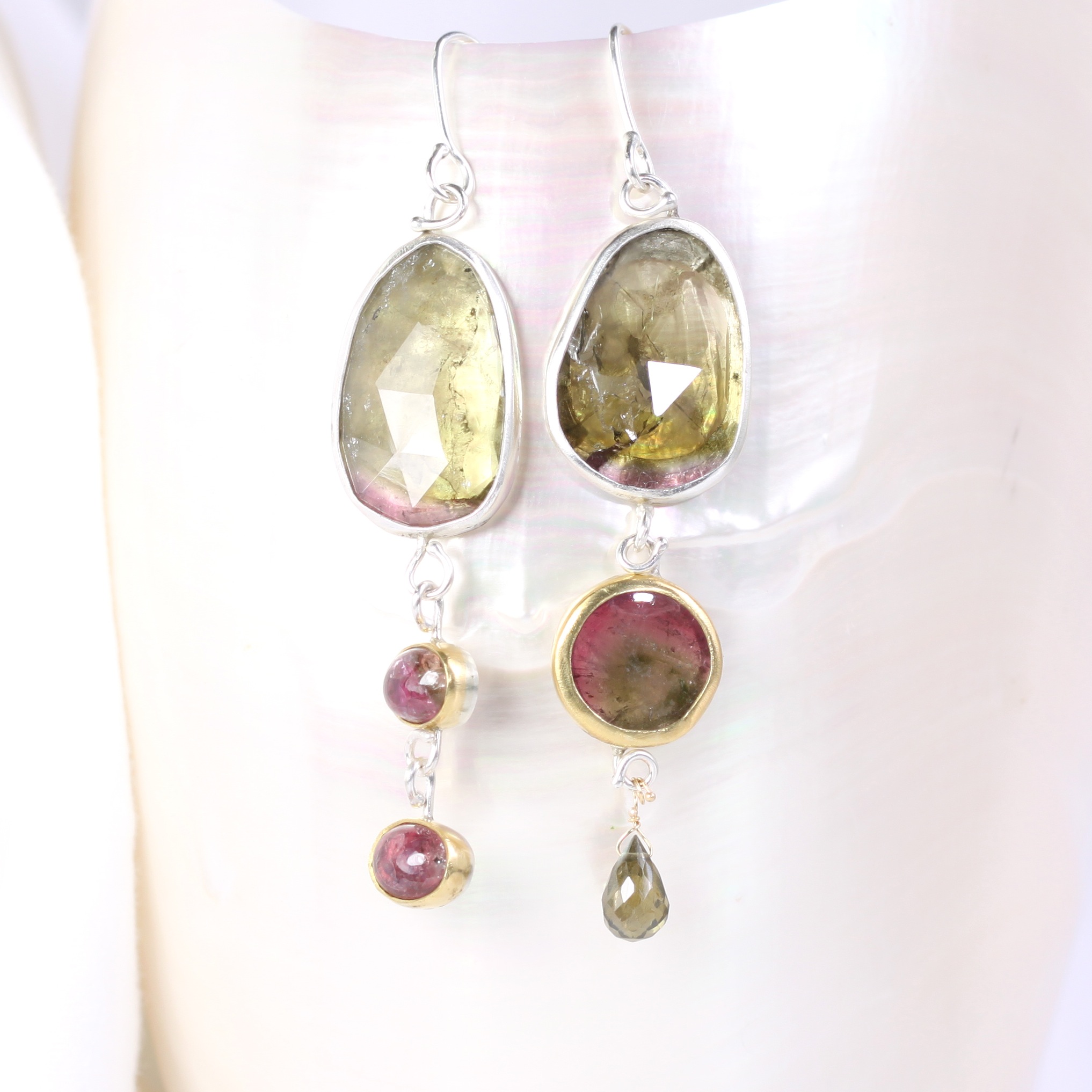 Rose Cut Green & Watermelon Tourmaline "Miss Matched" Earrings