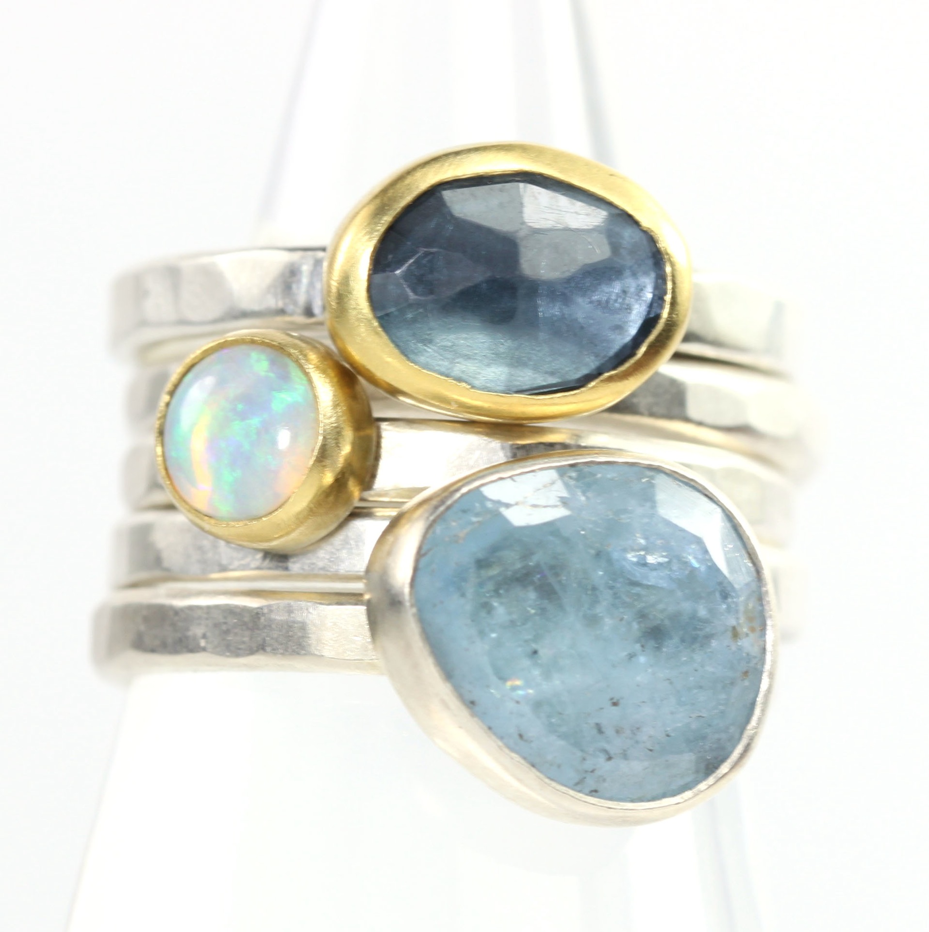 Stacking Rings: Rose Cut Aquamarine, Australian  Opal & Rose Cut London Blue Topaz