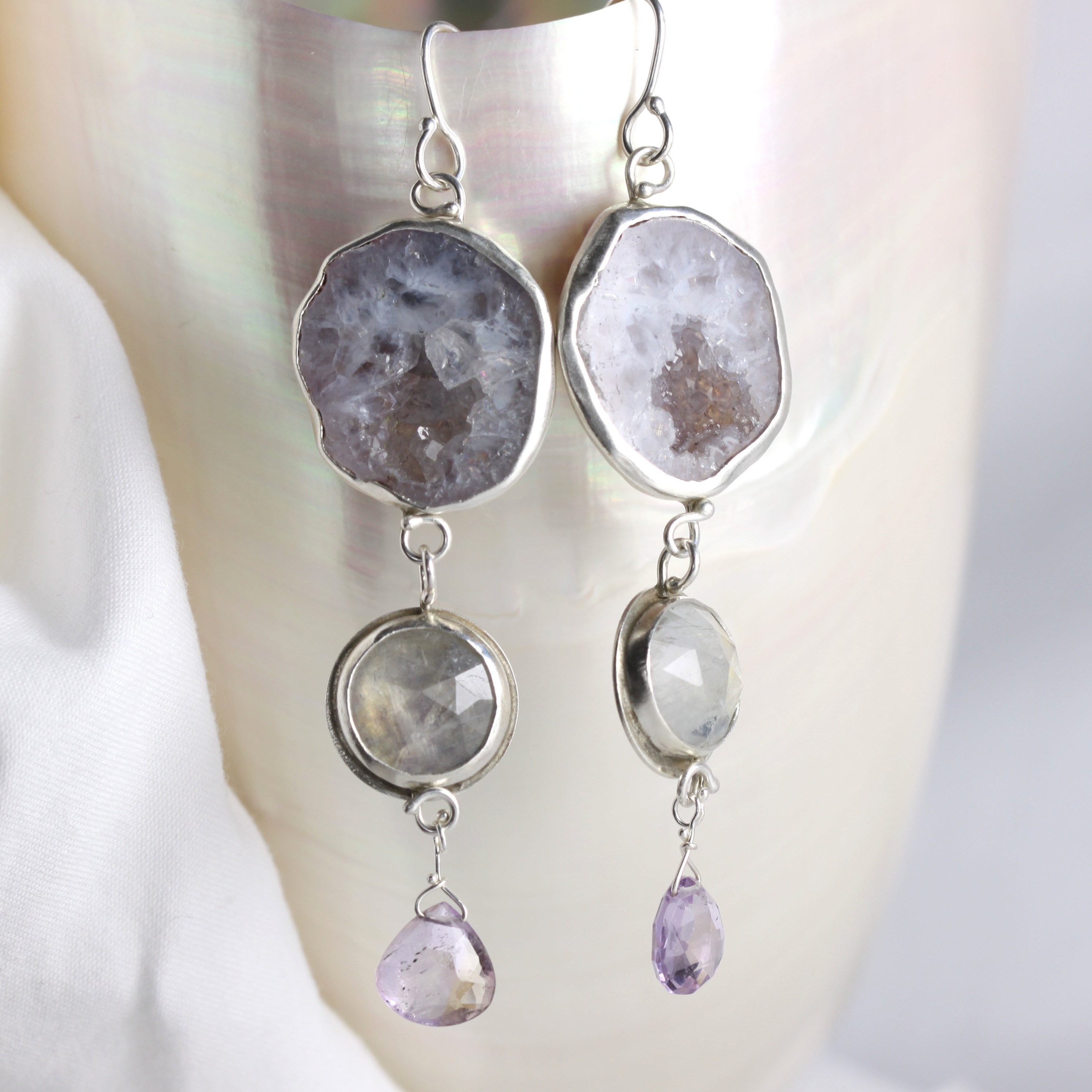 Baby Geode Earrings With Rose Cut Rainbow Moonstones & Ametrine Briolettes