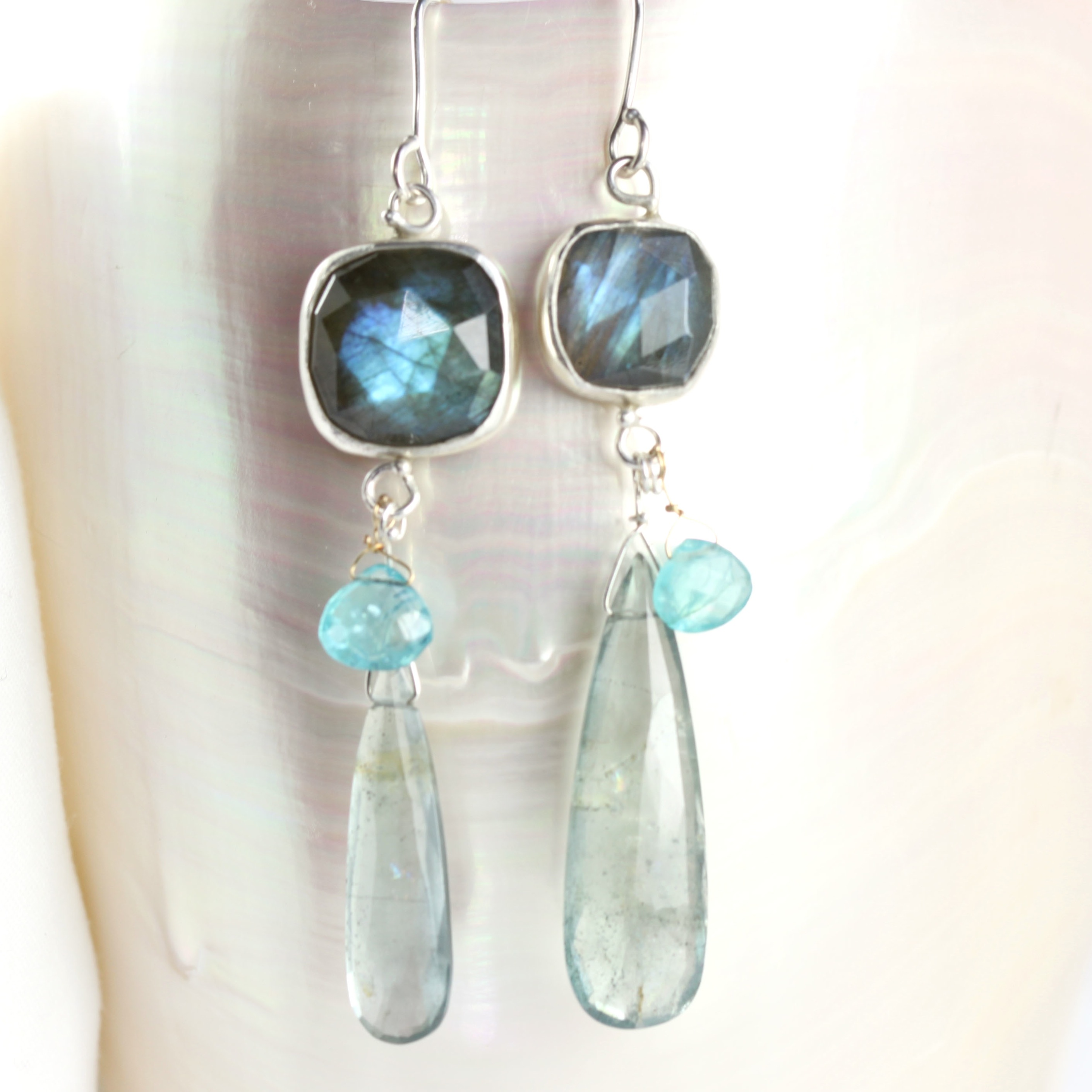 Rose Cut Labradorite Miss Matched Earrings With Moss Aquamarine Drops & Apatite Briolettes