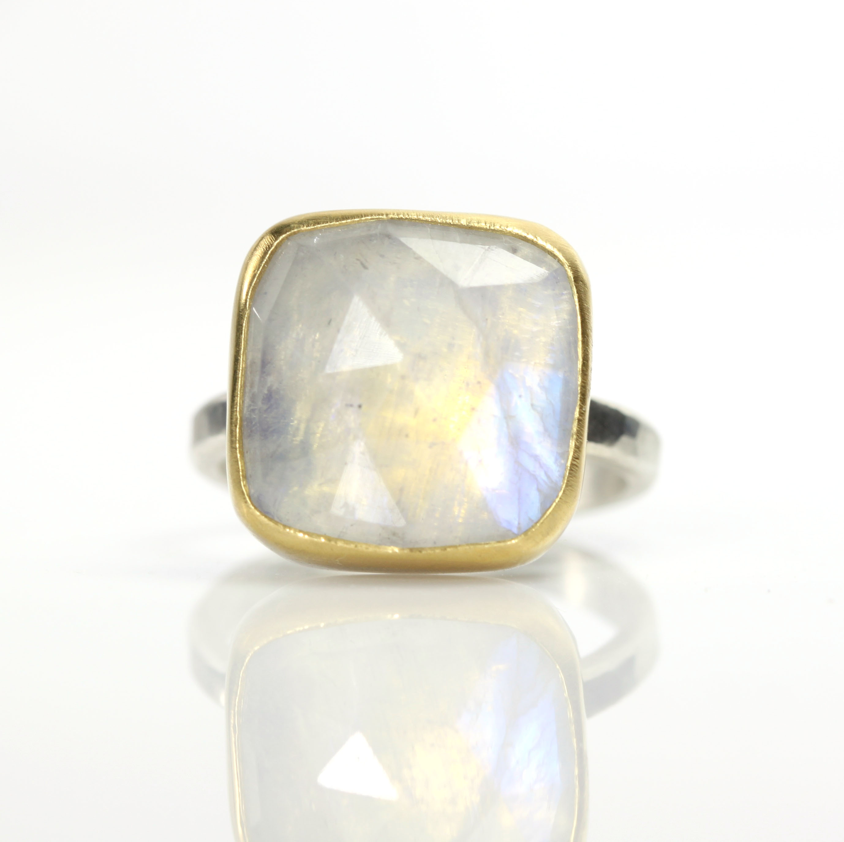 Square Rose Cut Rainbow Moonstone Ring