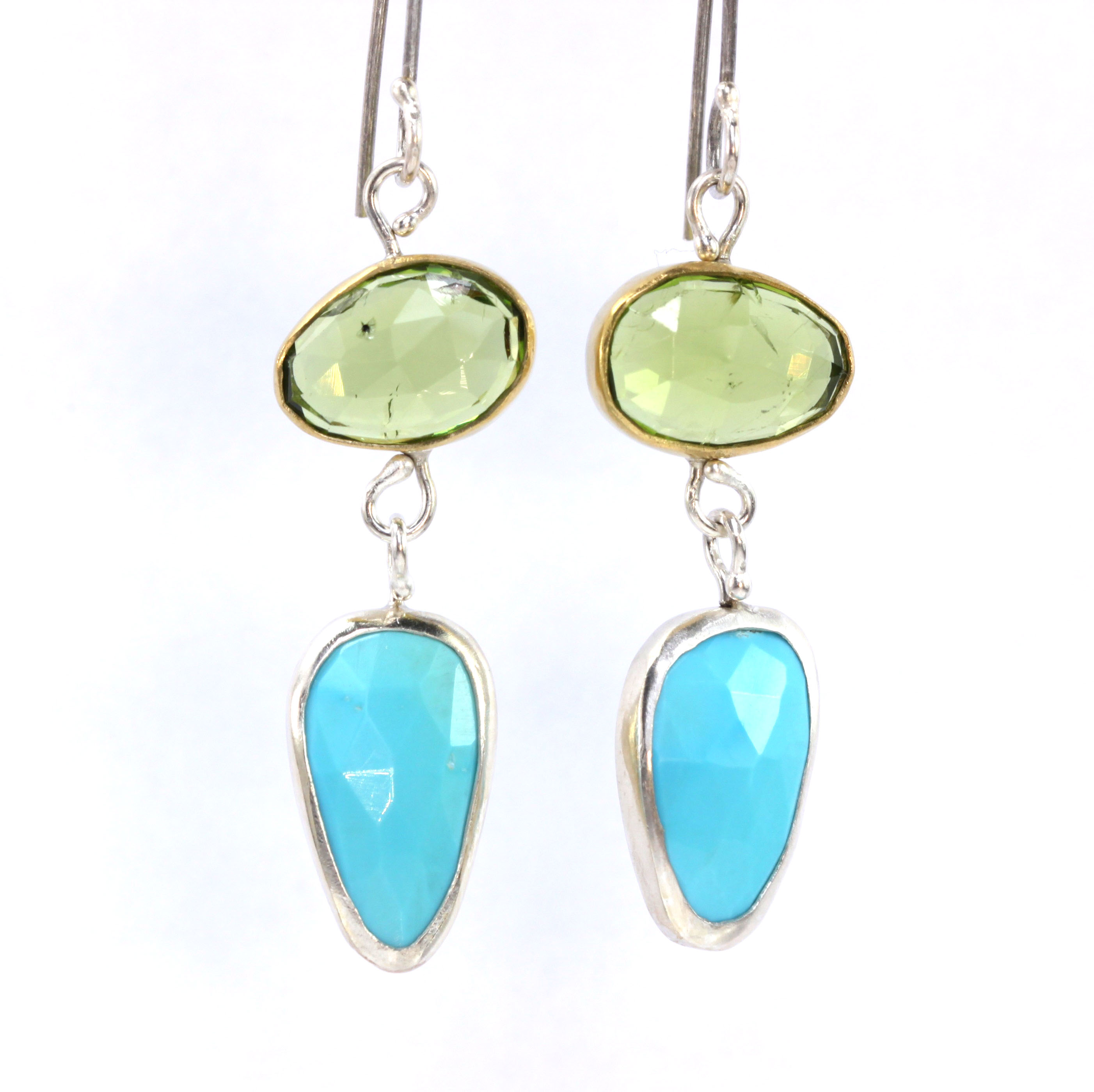 Rose Cut Peridot Earrings With Rose Cut Turquoise Drops