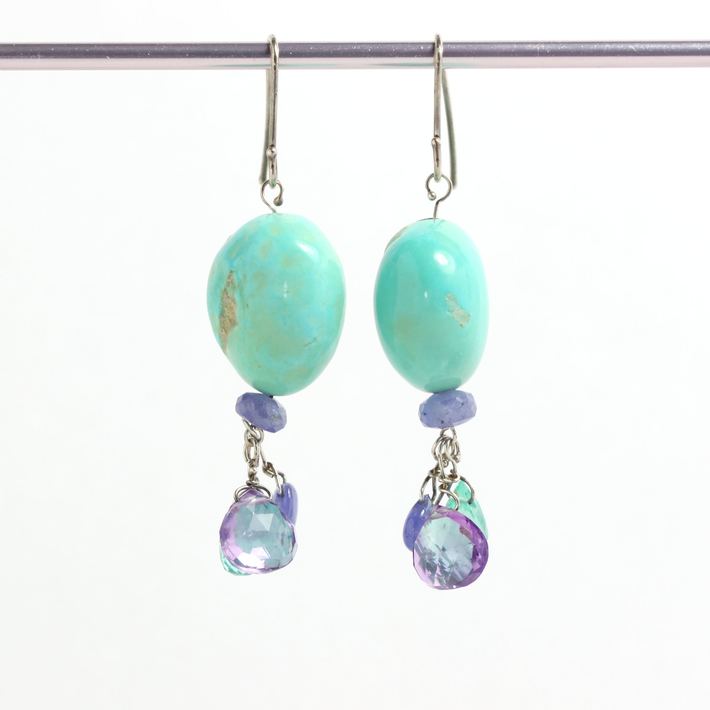 Natural Turquoise "Nugget" Earrings With Tanzanite, Amethyst & Apatite Briolette Drops