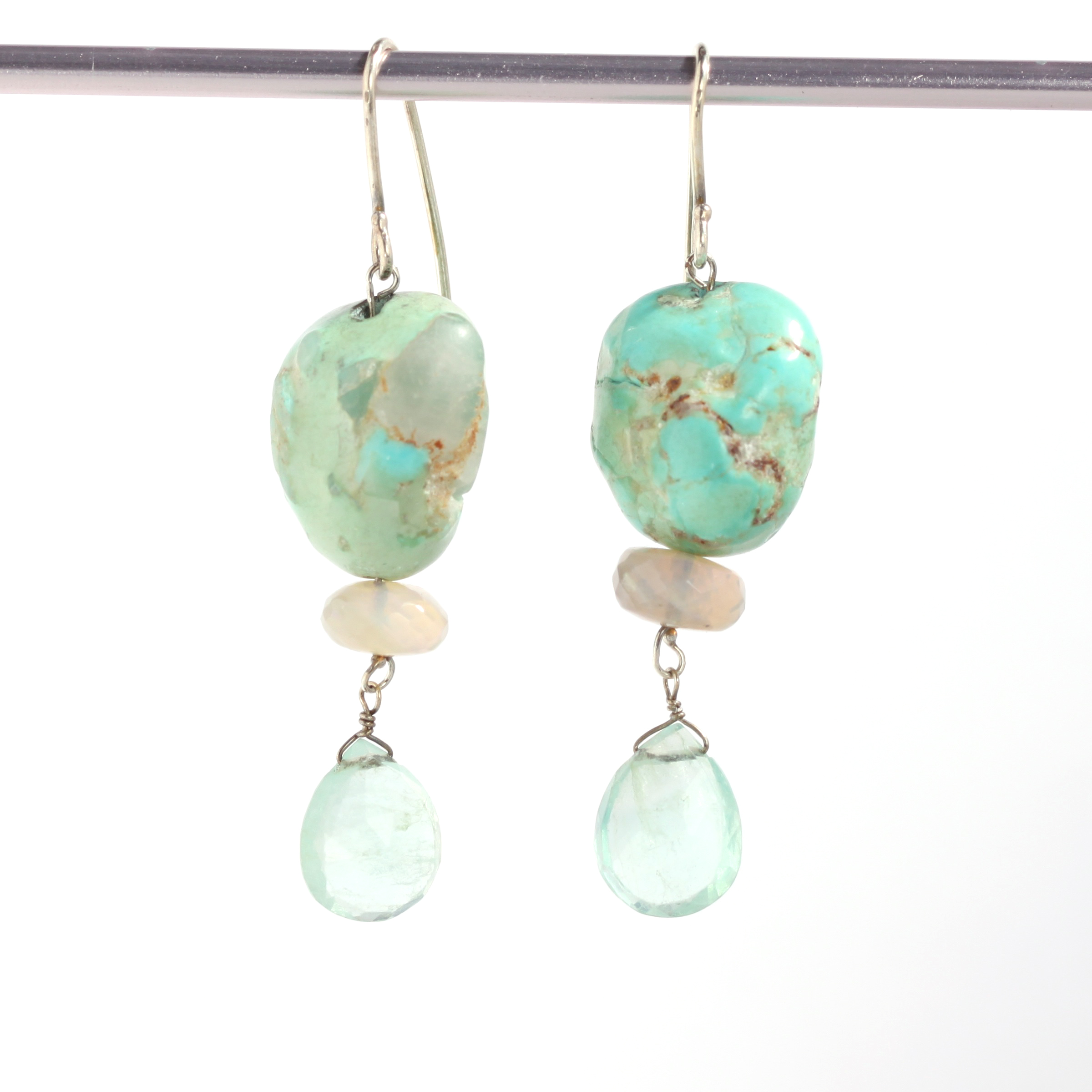 Natural Turquoise Nugget Earrings With Australian Opals & Blue/Green Fluorite Briolettes