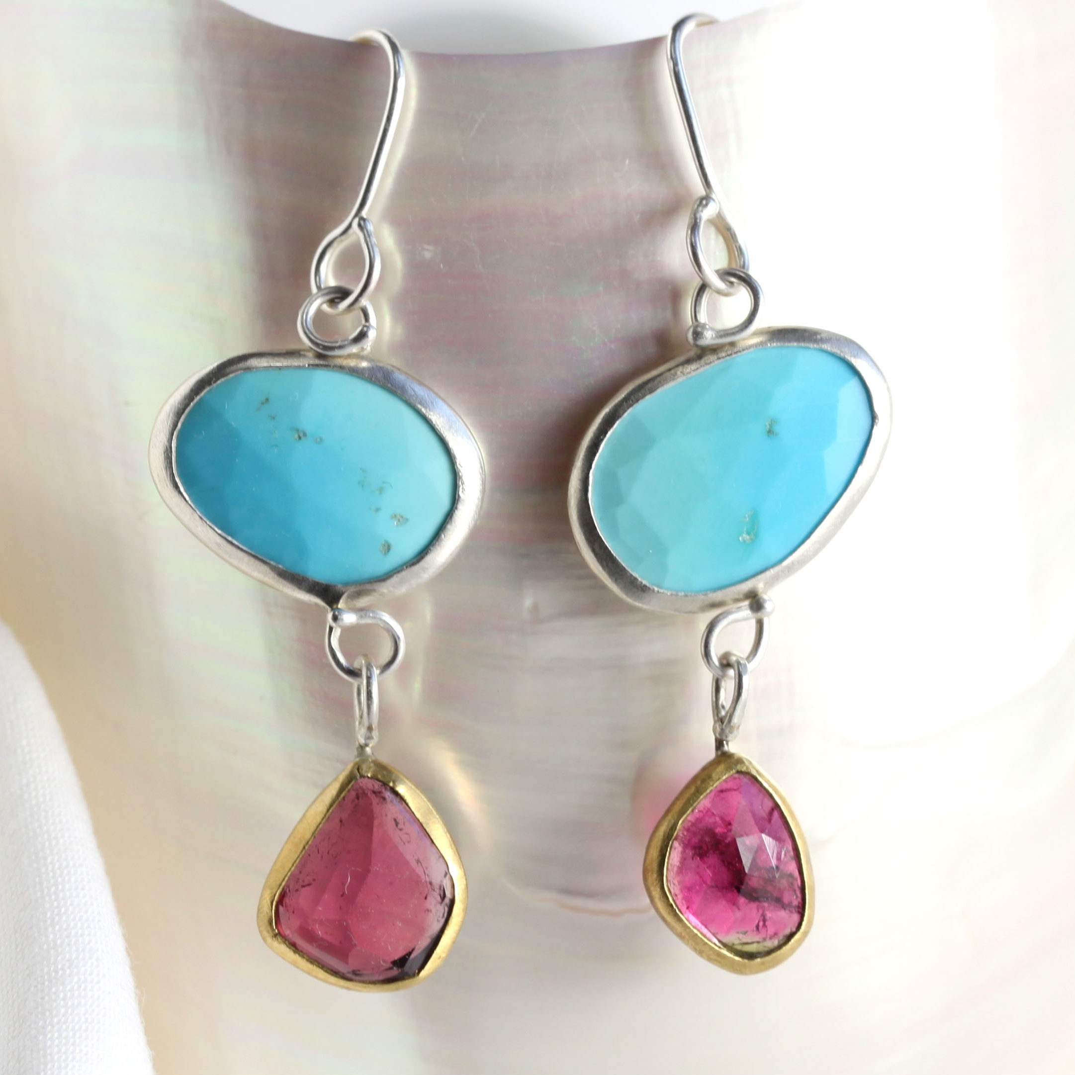 Rose Cut Turquoise Earrings With Rose Cut Rubelite Drops