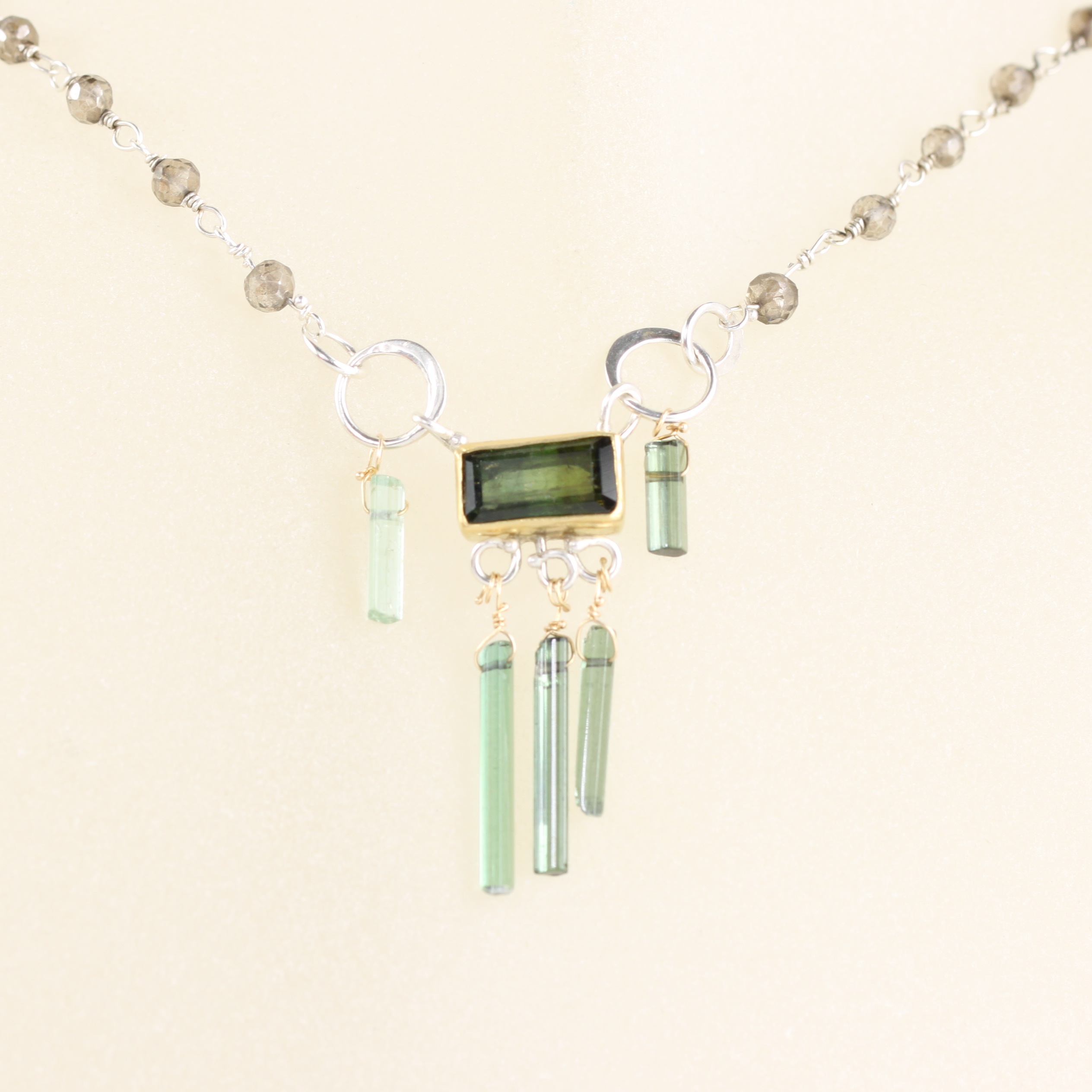 Emerald Cut Green Tourmaline Necklace with Raw Tourmaline Crystals & Smokey Quartz Rosary Chain